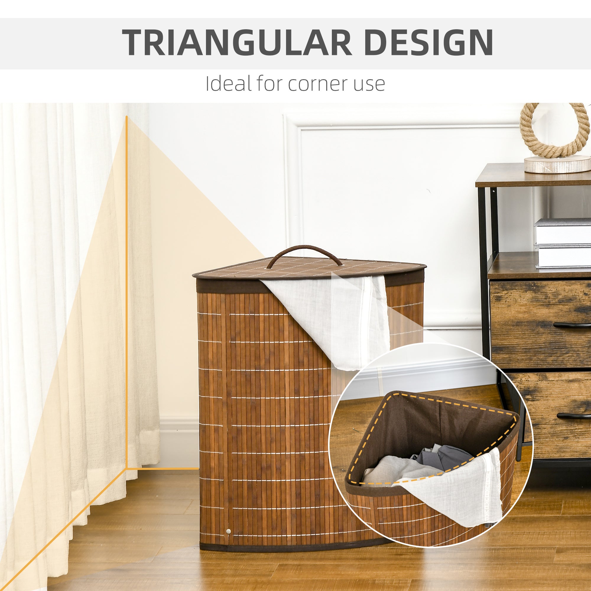 Bamboo Laundry Basket with Lid 55L Corner Hamper with Removable Washable Lining - Brown