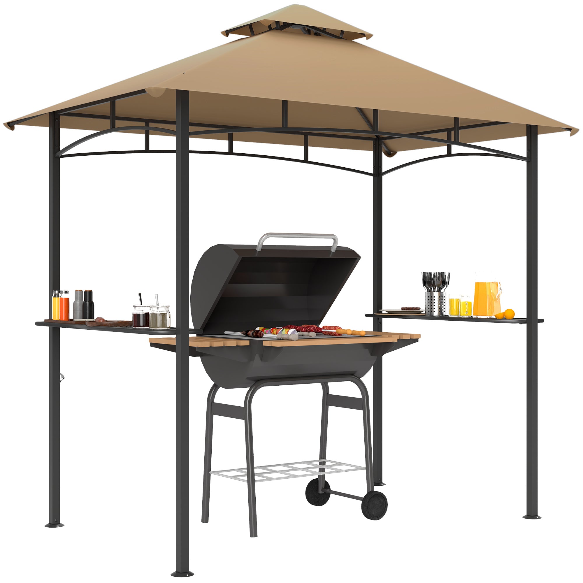 2.5 Metre Double Tiered BBQ Gazebo with Side Shelves - Khaki