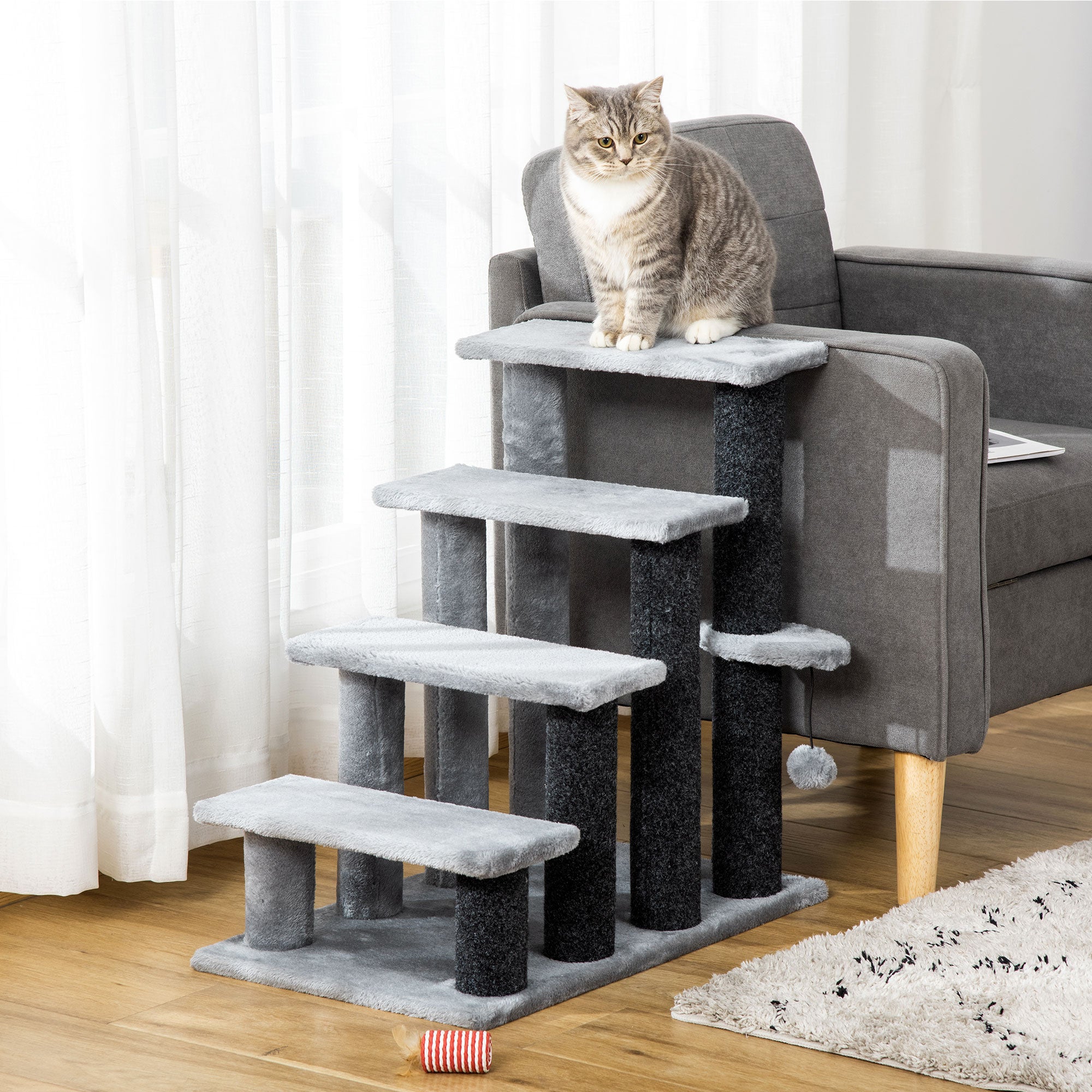 4-step Pet Stairs with Scratching Posts, Platforms, Toy Ball, Grey