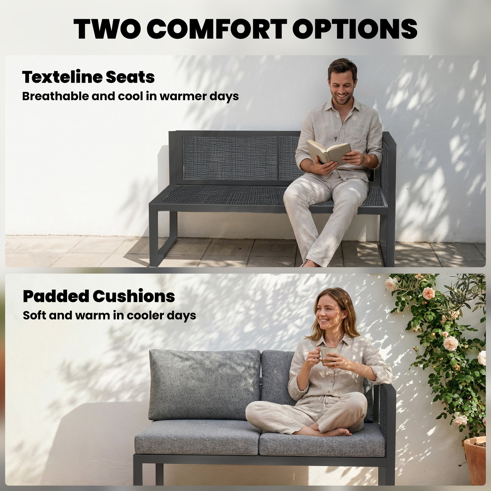6 Seater Metal Garden Furniture Corner Sofa Set with 3 Loveseats, Faux Wood Table, Texteline Seat, Cushions, Dark Grey