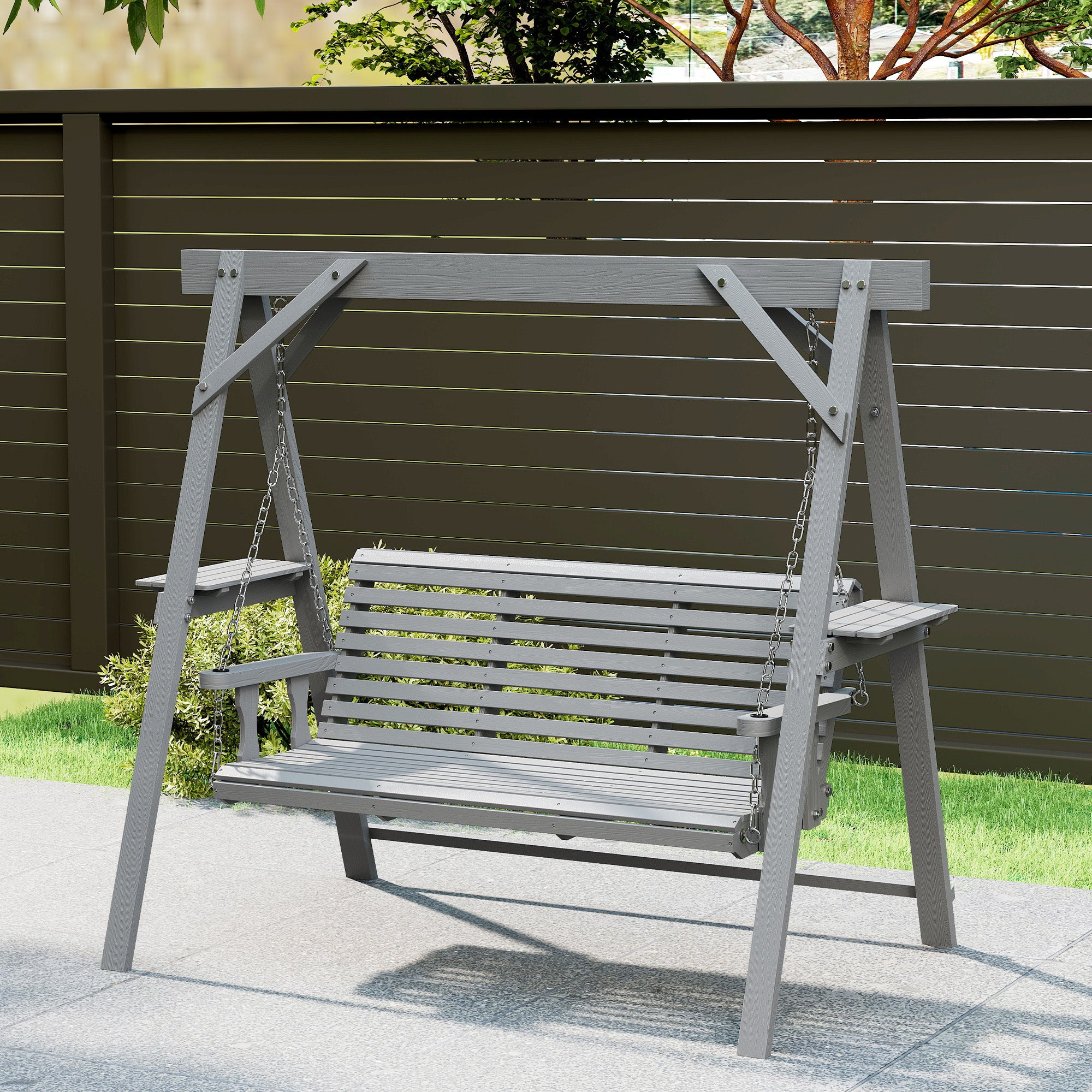 Three-Seater Wooden Swing Bench, Dark Grey