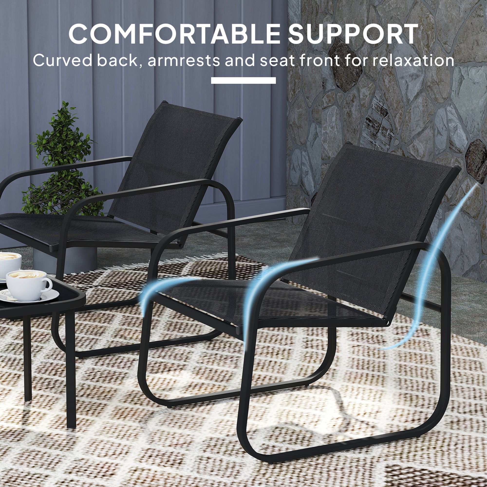3 Piece Powder Coated Steel Garden Seating Set with Glass Table - Black