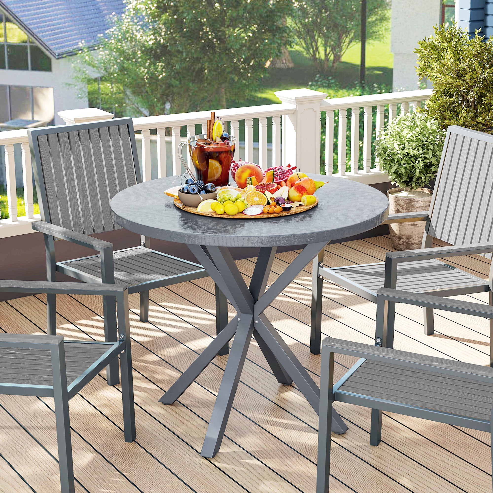 Garden Table, 85cm Round Outdoor Dining Table with Steel Frame, Wood Effect Top, for Balcony, Deck, Dark Grey