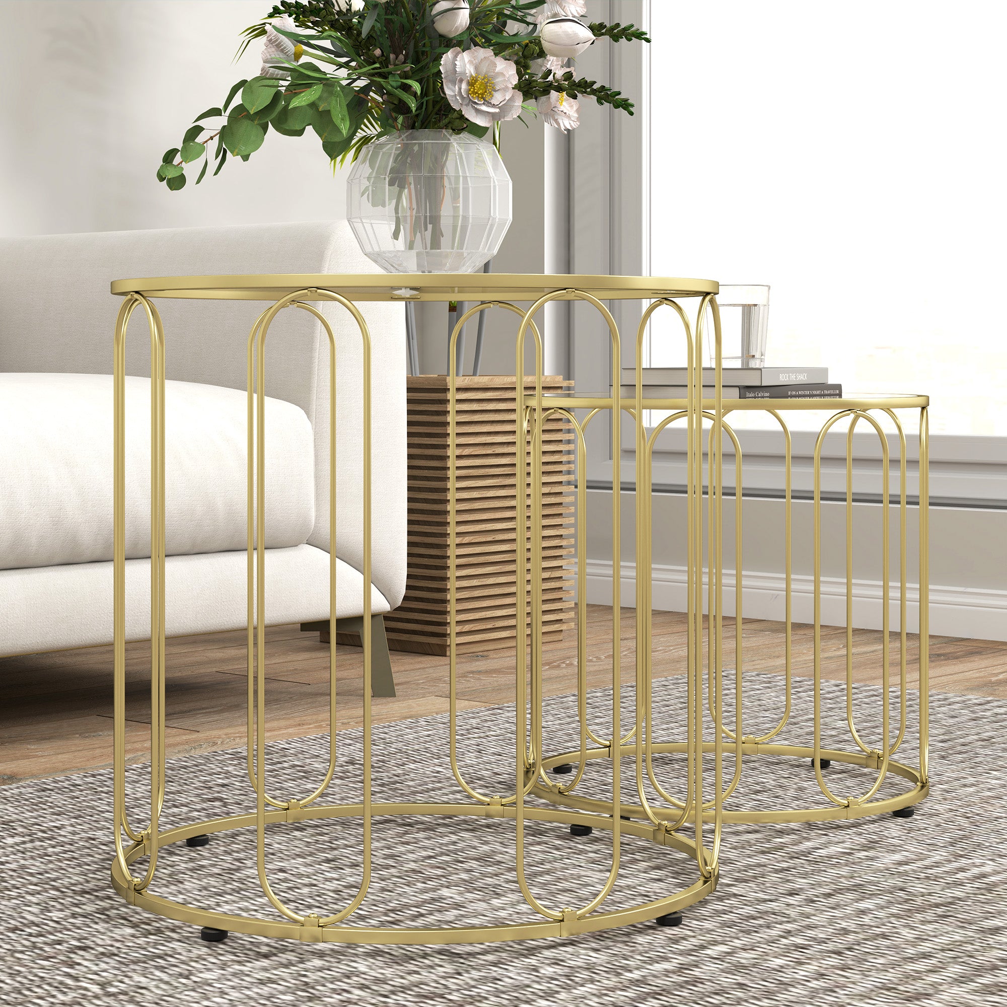 Elliptical Cut-Out Nesting Coffee Tables with Tempered Glass Tops - Gold-Tone