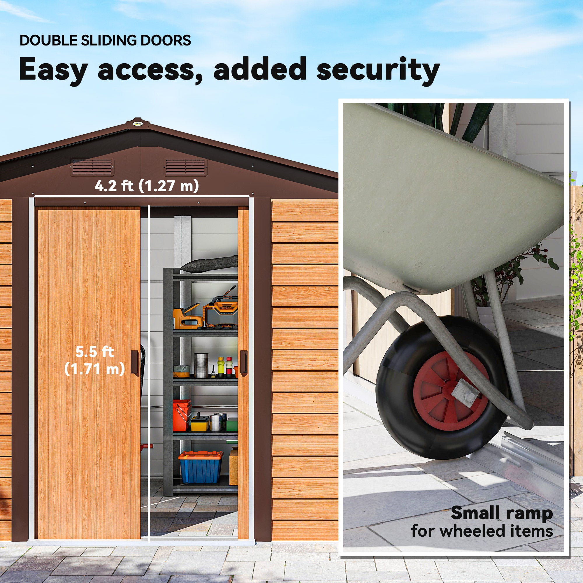9 x 6ft Galvanised Steel Shed with Double Sliding Doors with 4 Ventilation Slots - Brown Wood-Effect