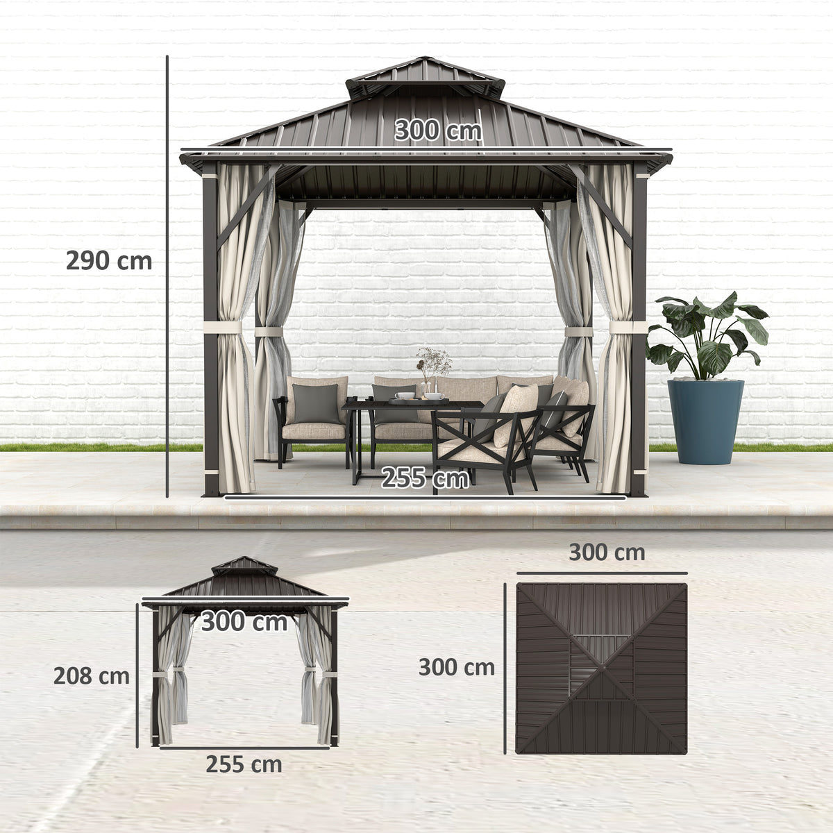 3 x 3m Hardtop Gazebo Canopy with Double Metal Roof, Netting & Curtains - Beige