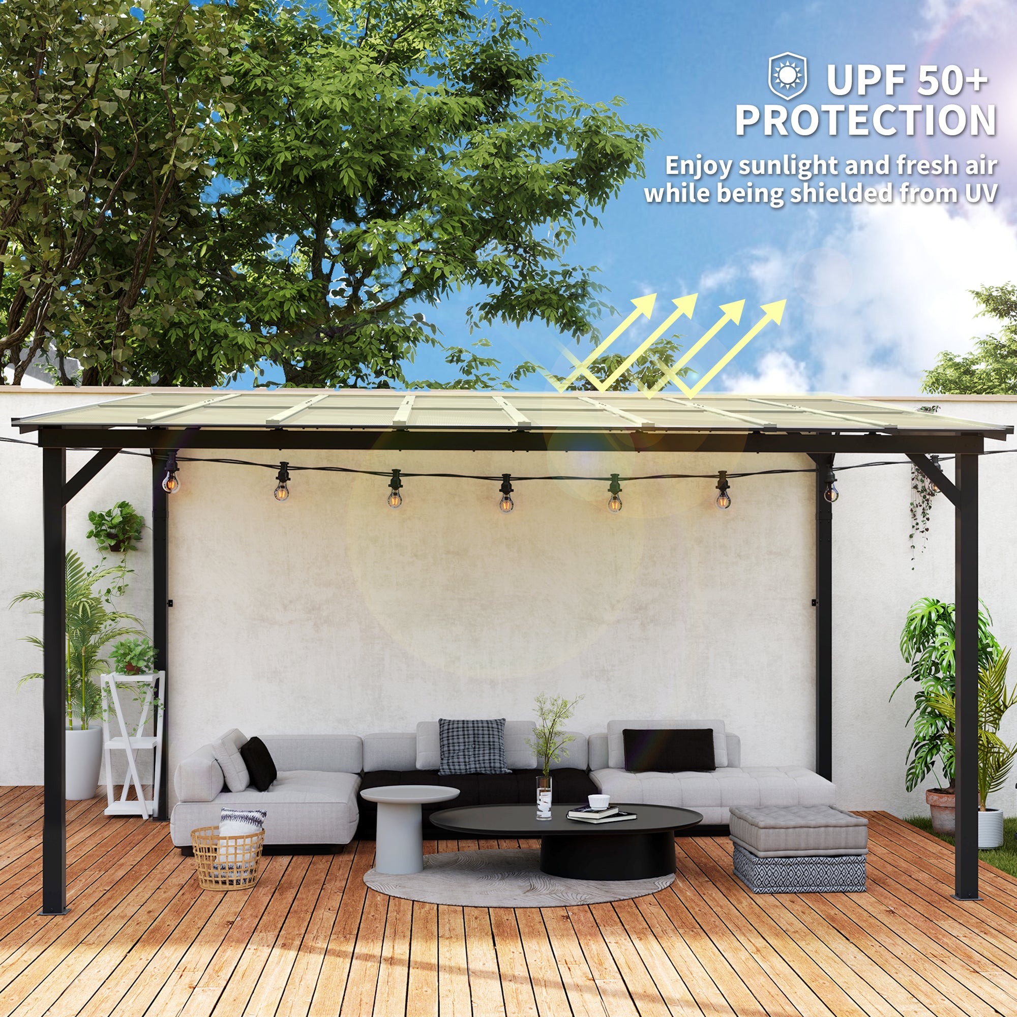3 x 4.3m Metal Pergola with UPF 50+ and Waterproof Polycarbonate Roof, Wall-Mounted or Free Standing Garden Gazebo, Wind-resistant Outdoor Sun Shade, Dark Grey