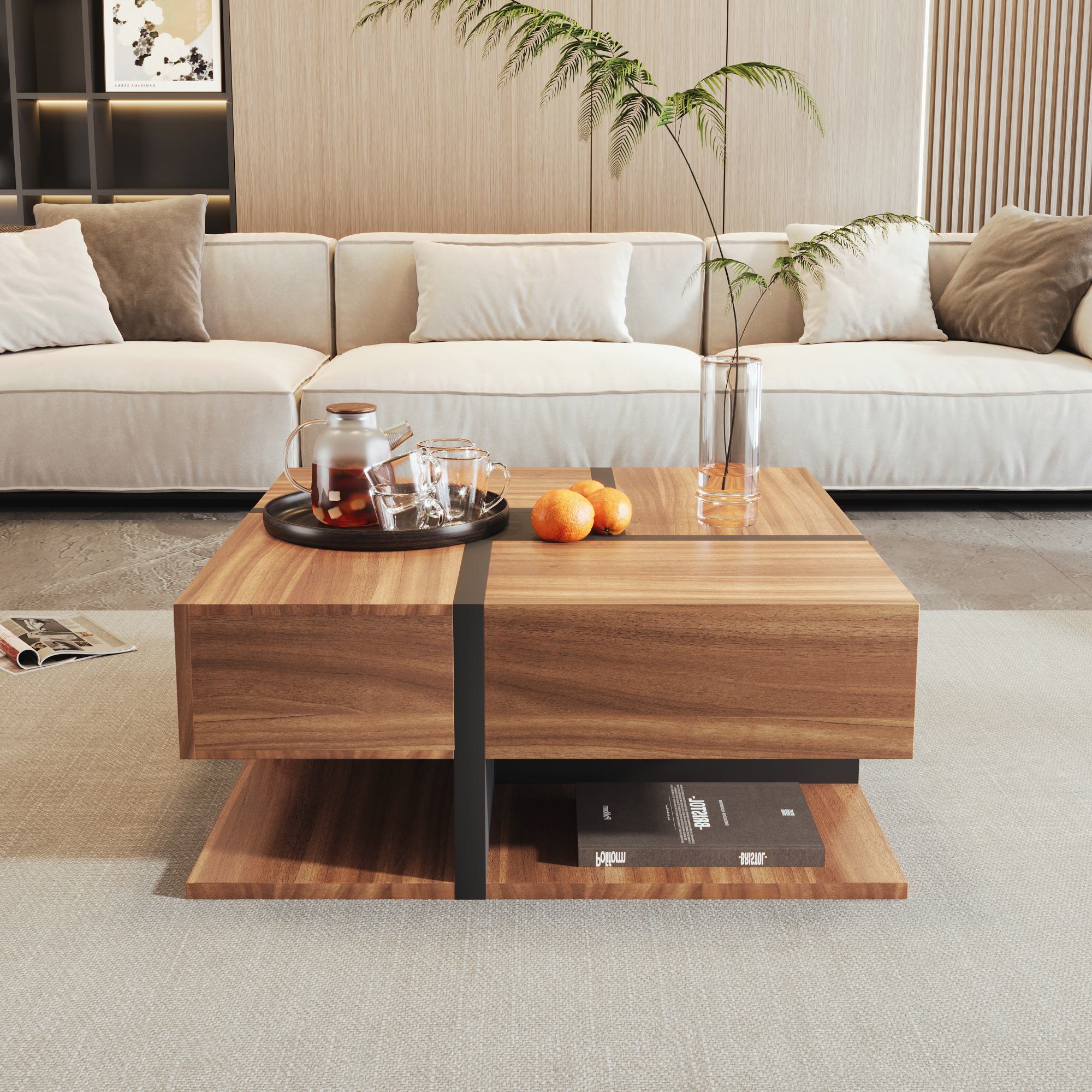 Square Coffee Table with 4 Drawers, Unique Pattern, Bottom Storage, 78L x 78W x 36H cm, Natural