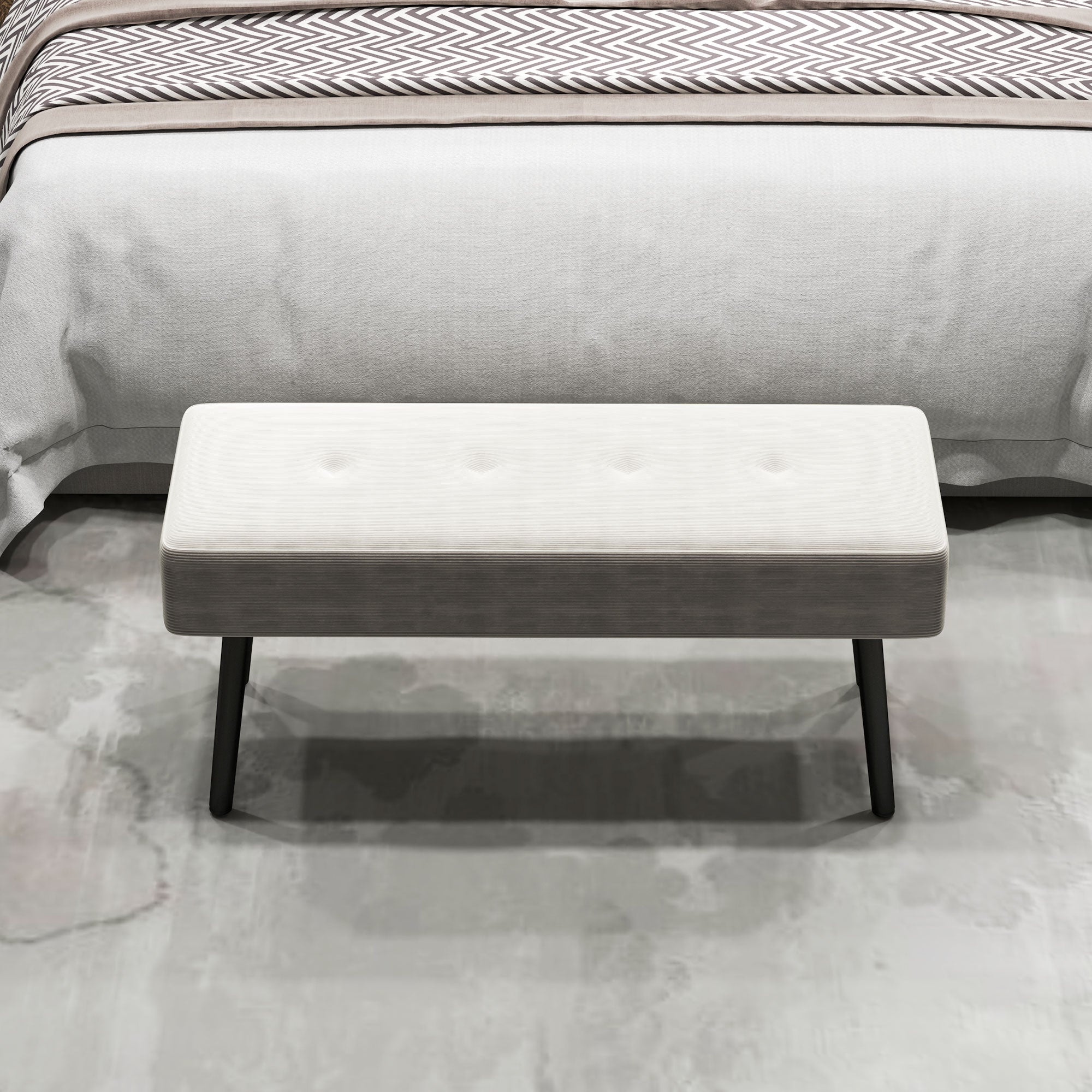 End of Bed Corduroy Bench with Thick Padding and Steel Legs - Cream White