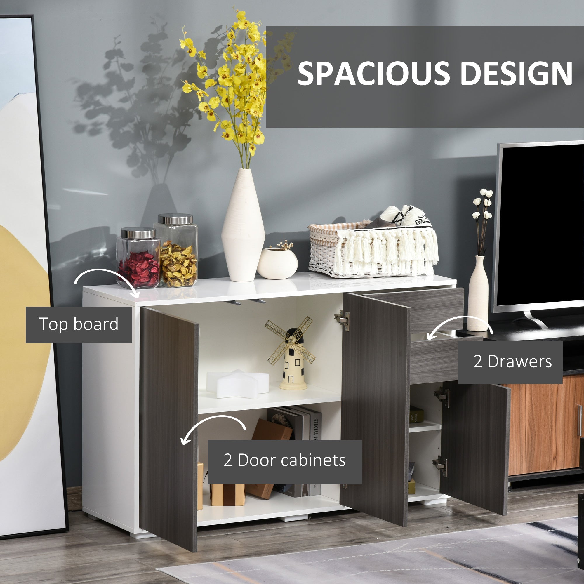High Gloss Frame Sideboard, Side Cabinet, Push-Open Design with 2 Drawer for Living Room, Bedroom, Light Grey and White