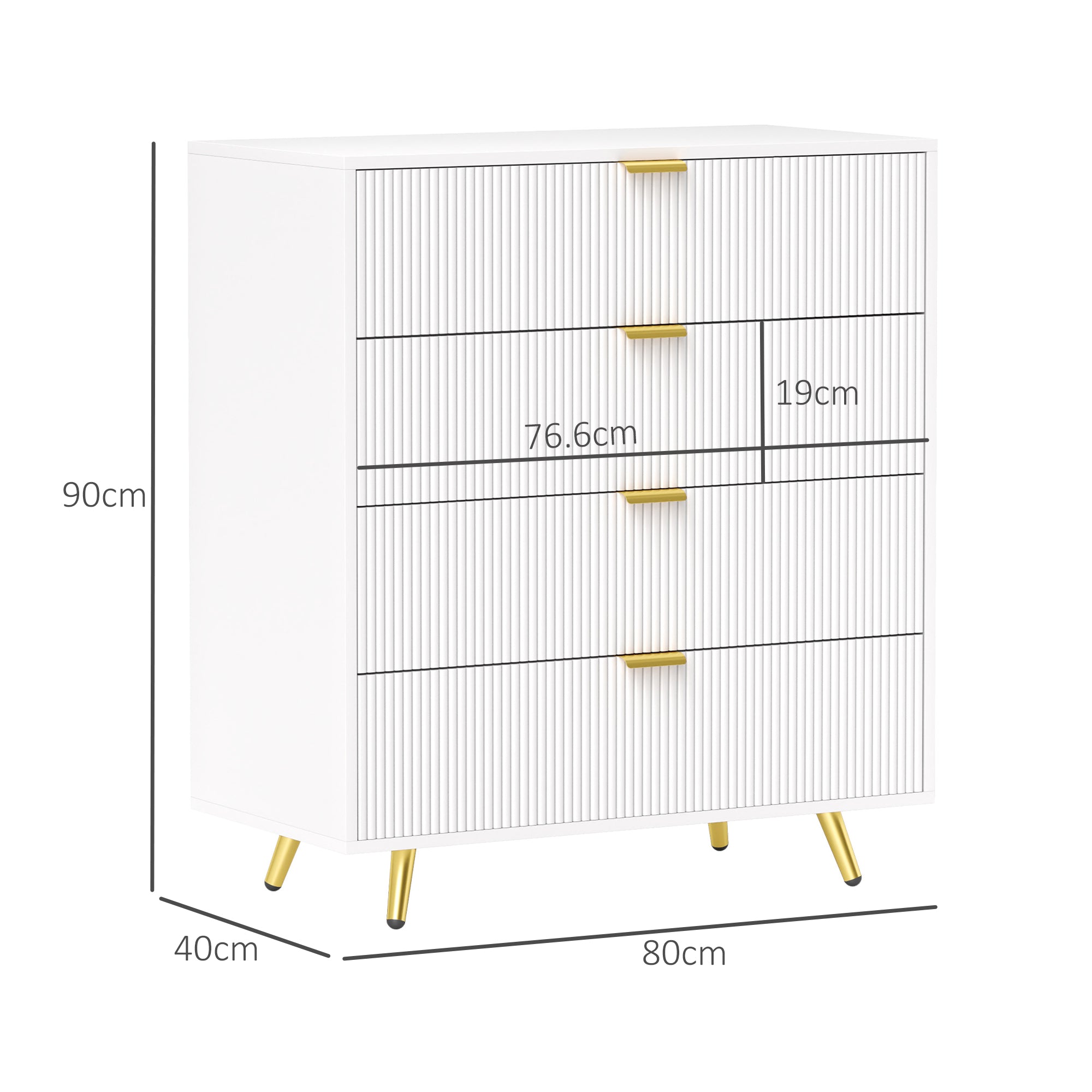 Elegant Four-Drawer Bedside Table with Gold Handles - White
