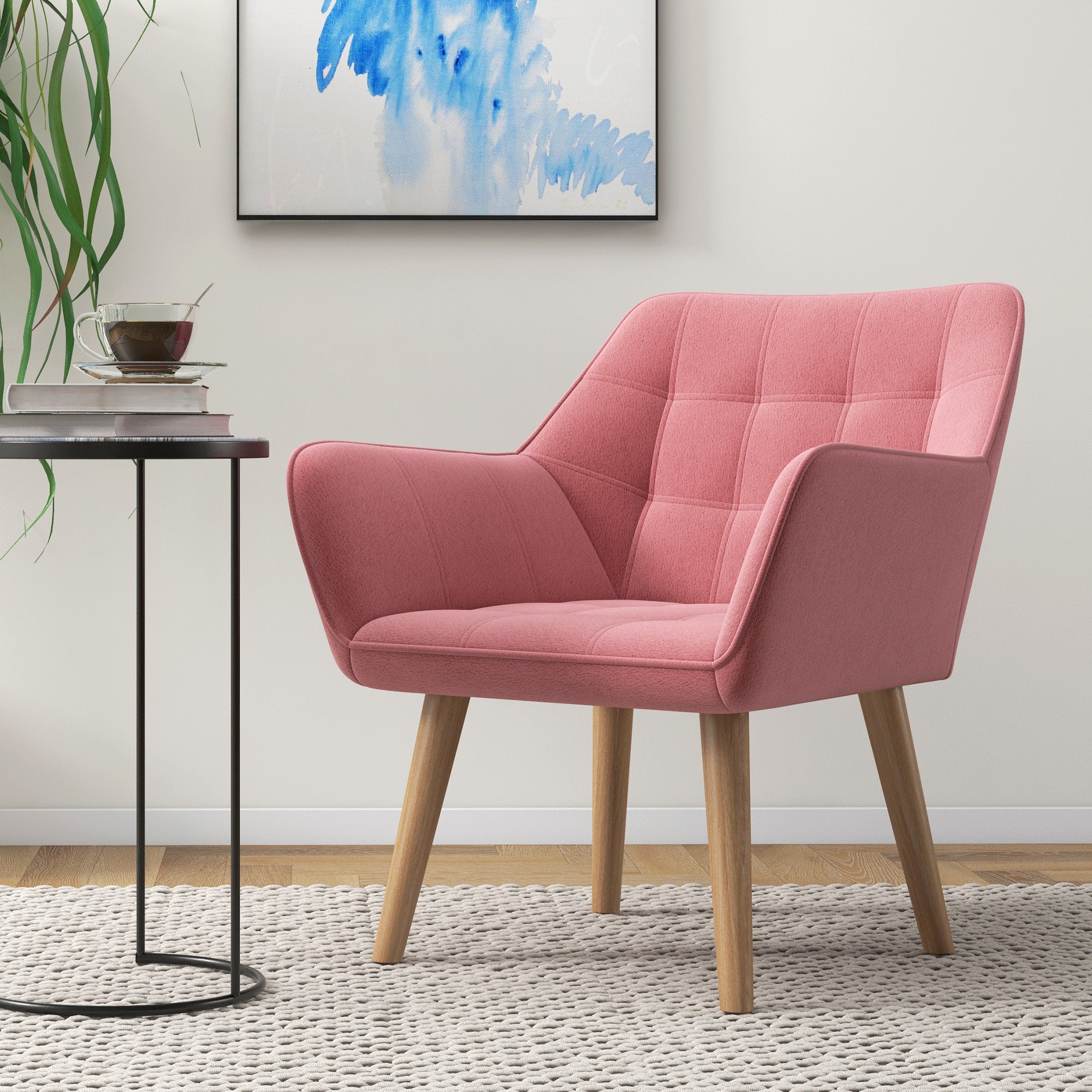 Accent Chair, Arm Chair with Wide Arms, Slanted Back, Thick Padding and Rubber Wooden Legs for Living Room, Pink