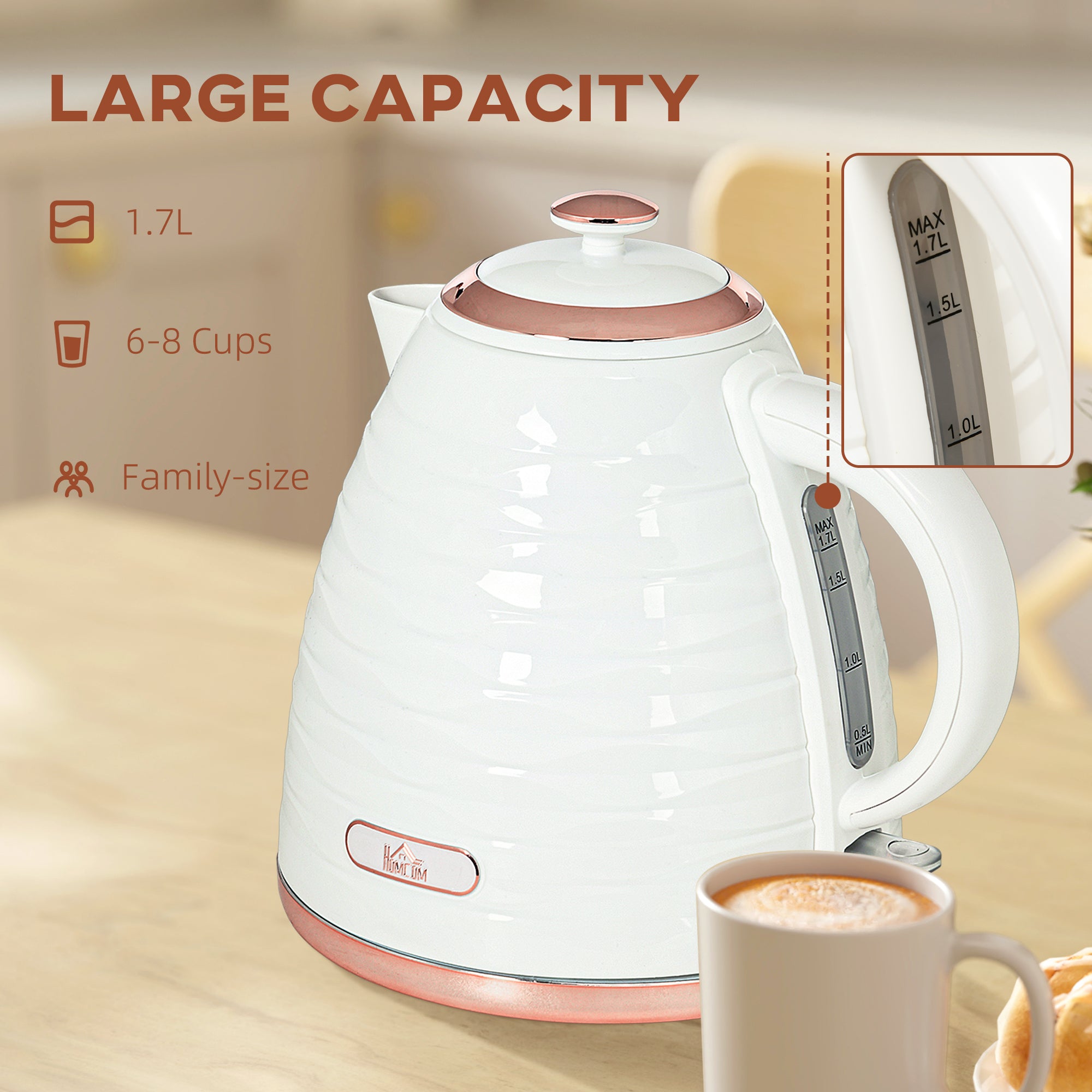 Electric Kettle, 1.7L, Fast Boil, 3kW Water Kettle with Removable Washable Anti-scale Filter, Auto Shut-off, 360° Swivel, BPA Free, Cream White Water Ripple Texture