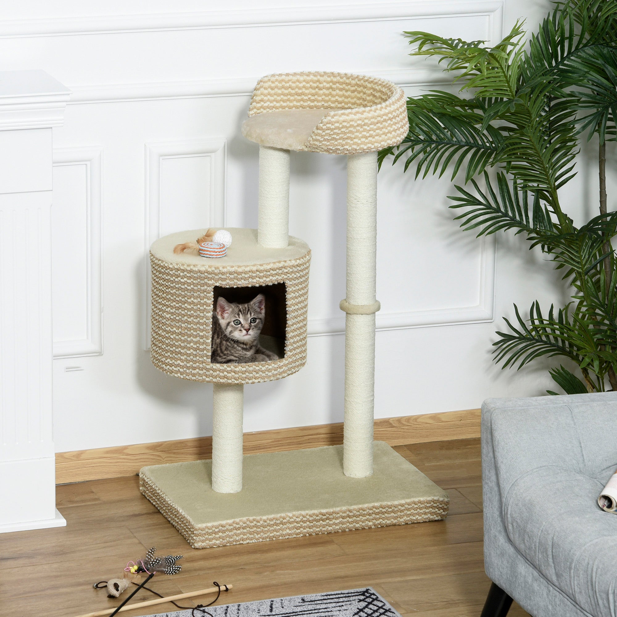 96cm Cat Tree, Cat Condo Tree Tower for Indoor Cats, Cat Activity Centre with Scratching Posts, Plus Perch - Beige