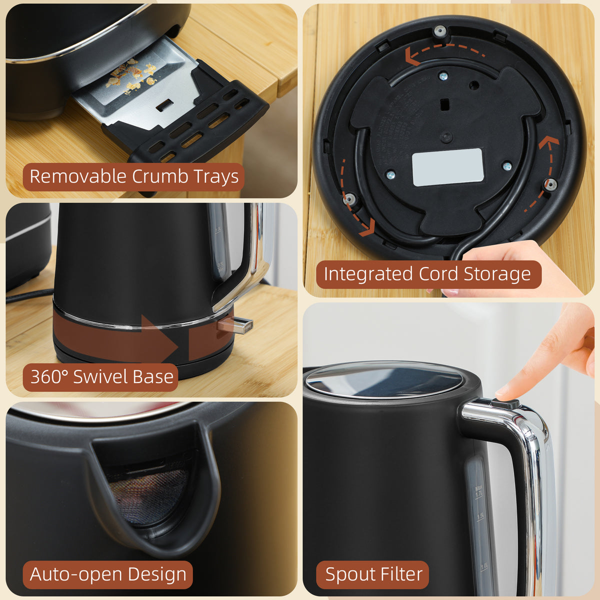1.7L 3000W Fast Boil Kettle & 2-Slice Toaster Set with 6 Browning Levels, Defrost & Reheat - Black