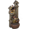 2-in-1 Resin Waterfall Fountain with Birdhouse and LED Lights, Tree Trunk Design - Multi-colour