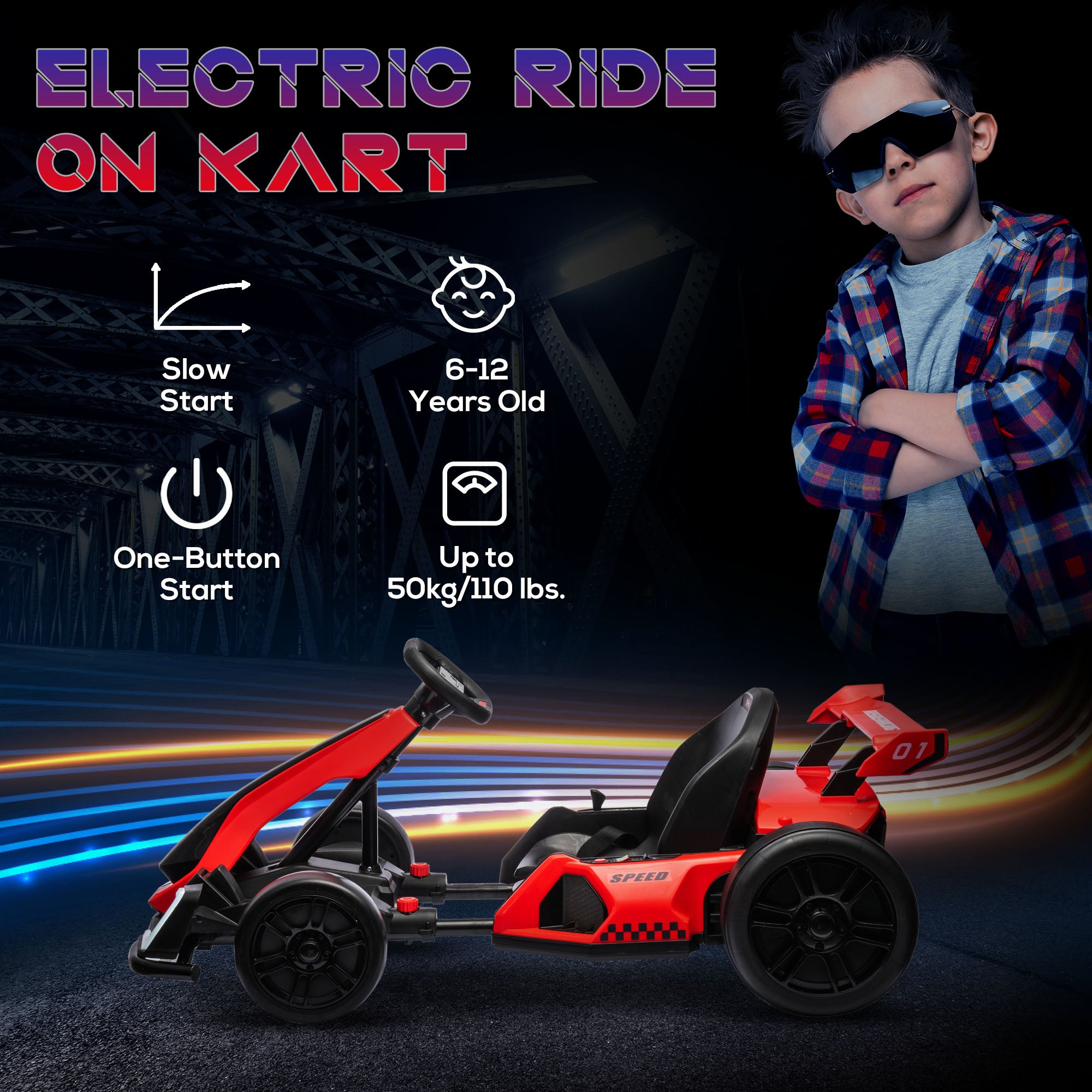 24V Electric Go Kart for Kids with Adjustable Seat for 6-12 Years, Red
