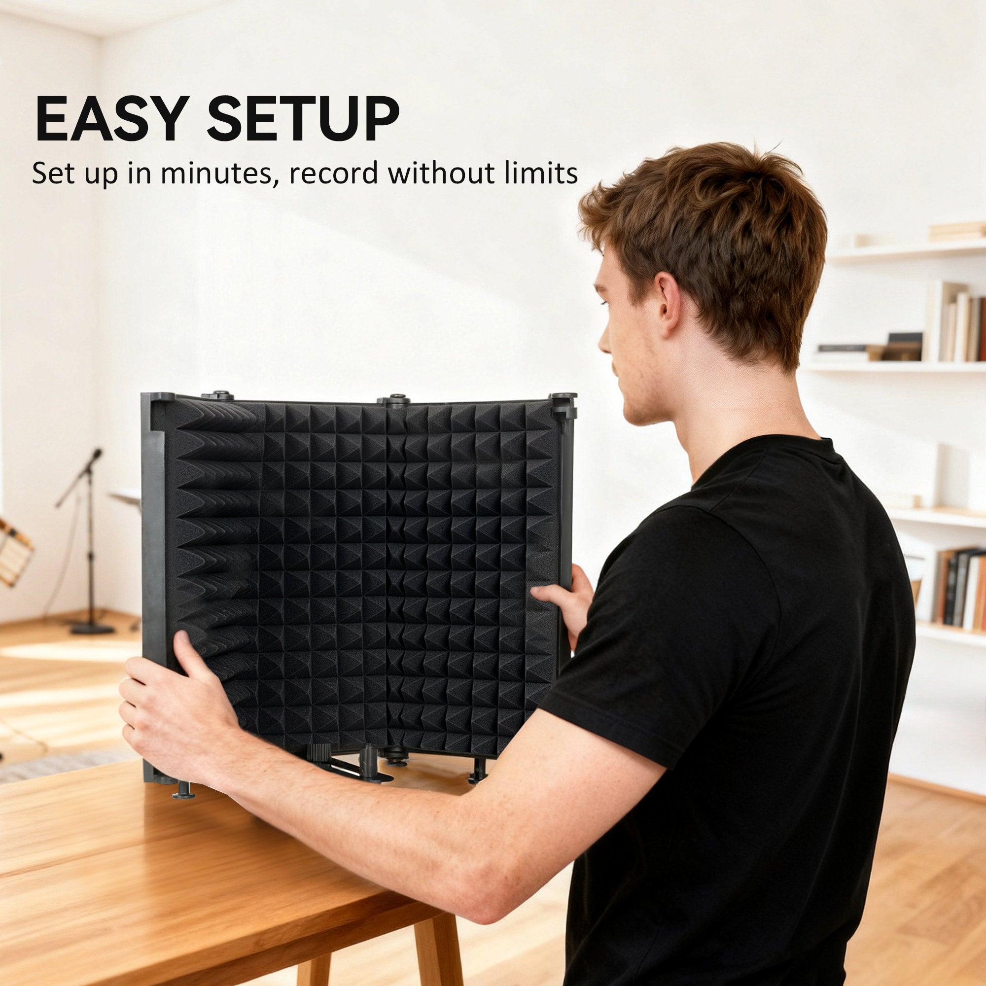 Studio Microphone Isolation Shield, Foldable Adjustable Recording Studio Equipment, 3-Panel High Density Absorbent Foam Shield with 3/8" Threaded Mount, Black