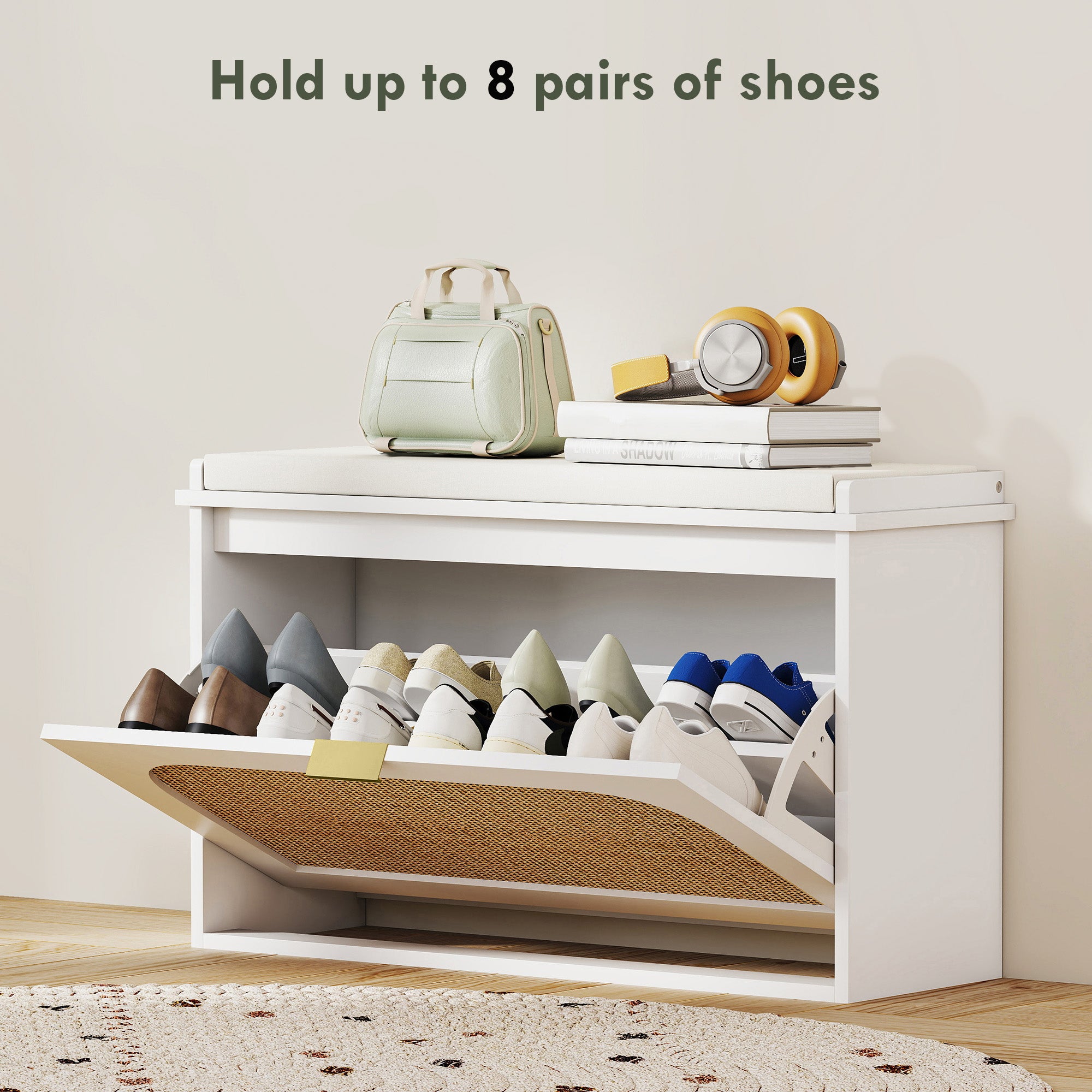 Boho Shoe Bench with Padded Seat and Flip-Drawer - White