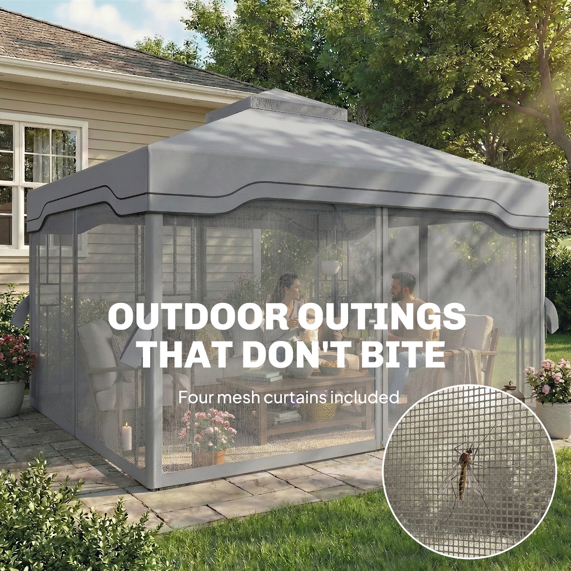 3 x 3.6 m Outdoor Garden Gazebo with Post Shelves, UPF50+ Patio Permanent Pavilion with Hook, Dark Grey
