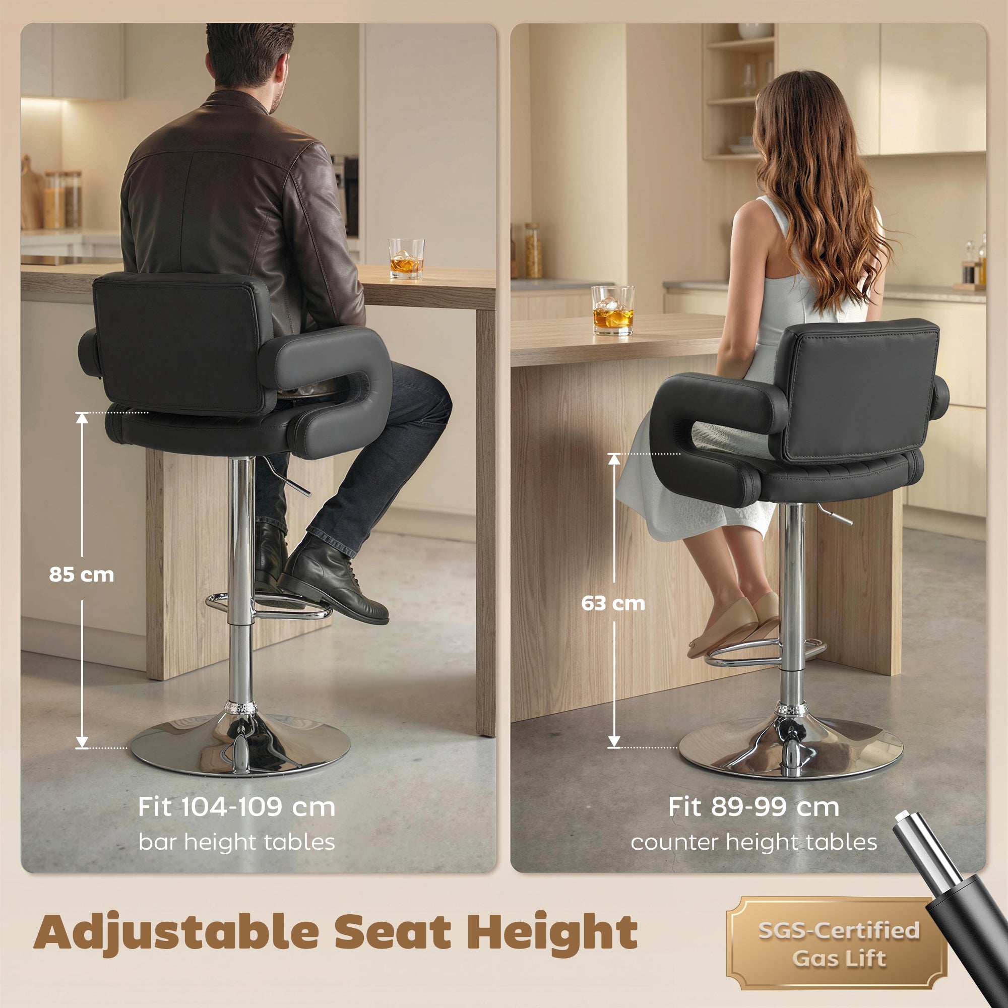 Bar Stools Adjustable Swivel Kitchen Chairs with Backrest Armrest Set of 2 PU Leather Black