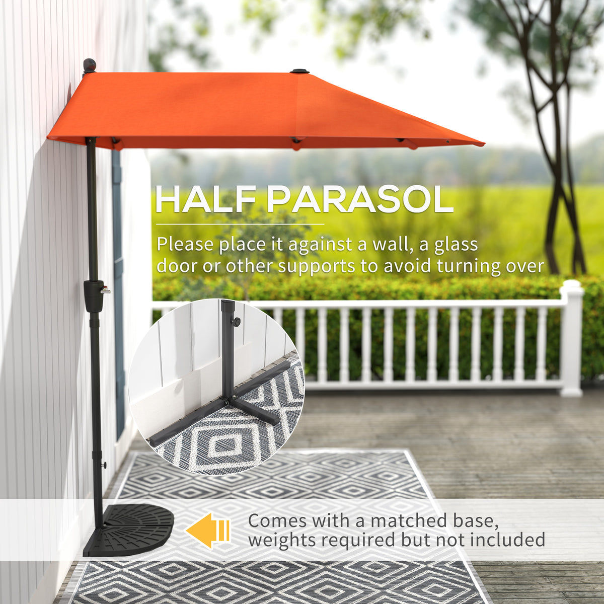 2 Metre Half Parasol Garden Umbrella with Crank Handle - Orange