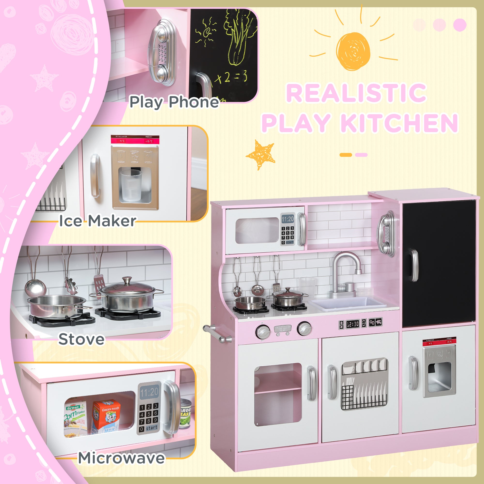 Pretend Play Kitchen Kids Kitchen Playset w/ Toy Phone, Chalkboard, Microwave, Cooking Stove, Sink