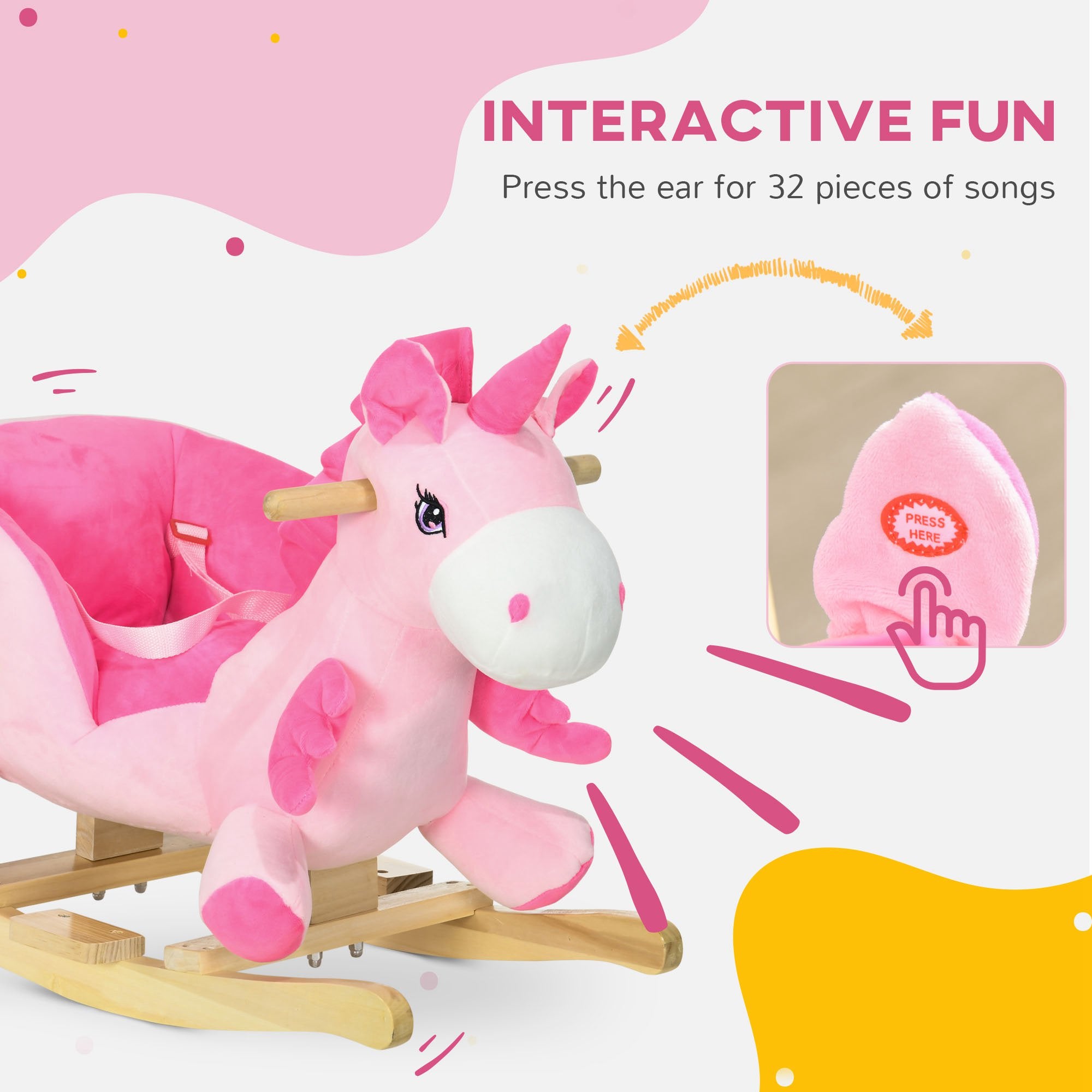 Kids Rocking Horse Ride on Unicorn with Songs, Wooden Base, Seatbelt, for Ages 18-36 Months, Pink