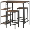 Industrial Bar Height Dining Table Set with 2 Stools & Side Shelf, 3-Piece Coffee Table for Dining Room, Kitchen - Black Rustic Brown