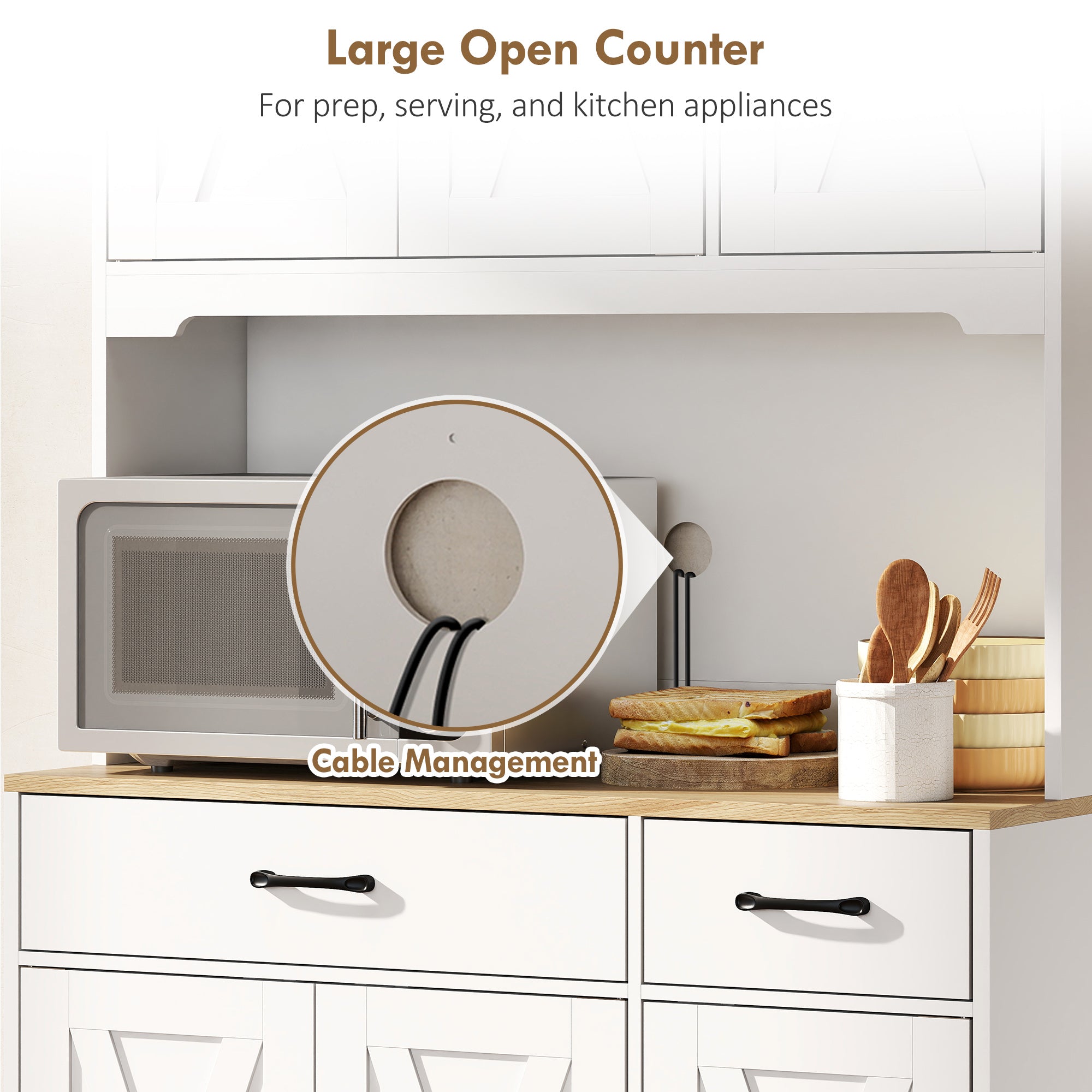 175 cm Tall Kitchen Pantry Cabinet with Microwave Stand, Freestanding Pantry Cupboard, White