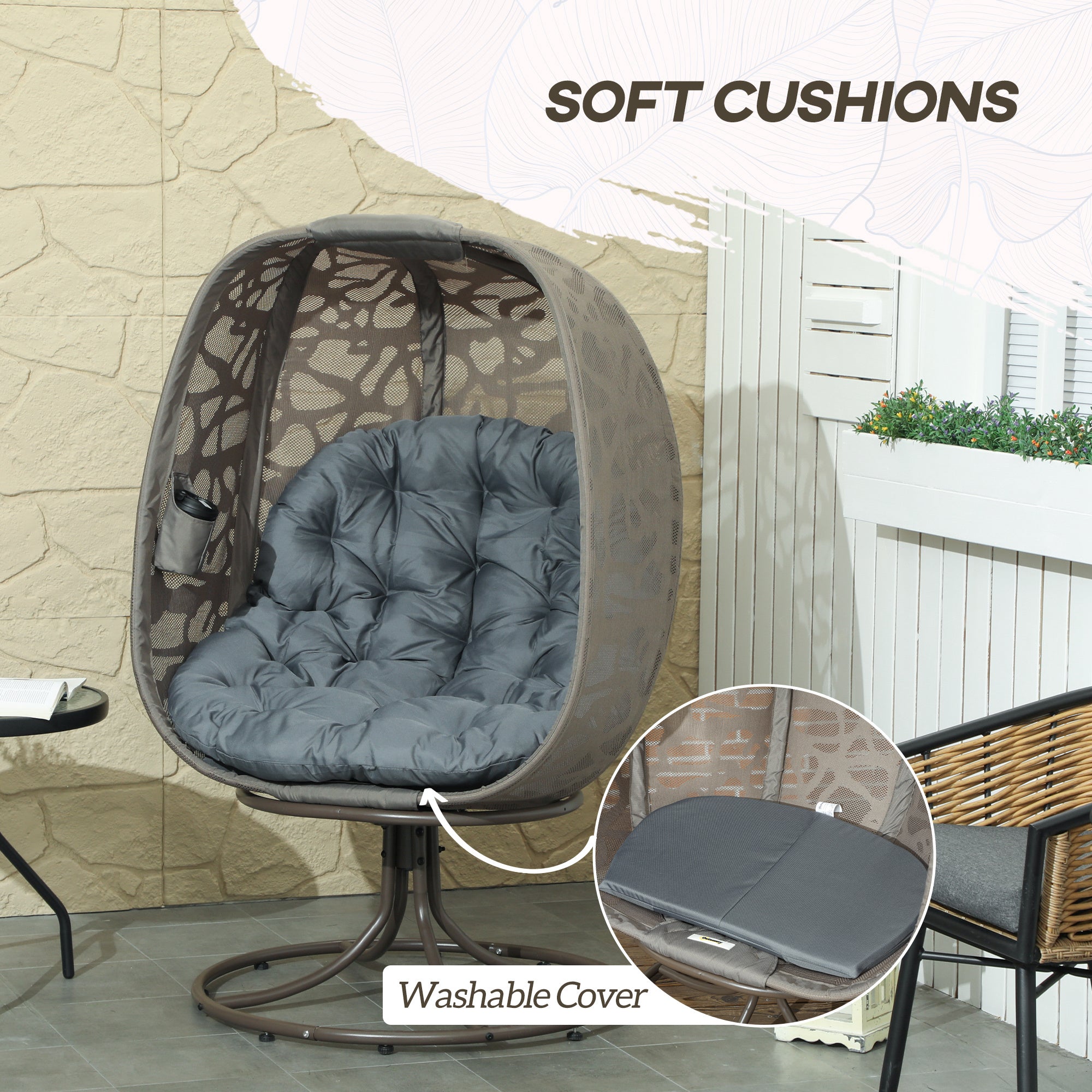 Swivel Egg Chair with Cushions and Metal Frame - Grey