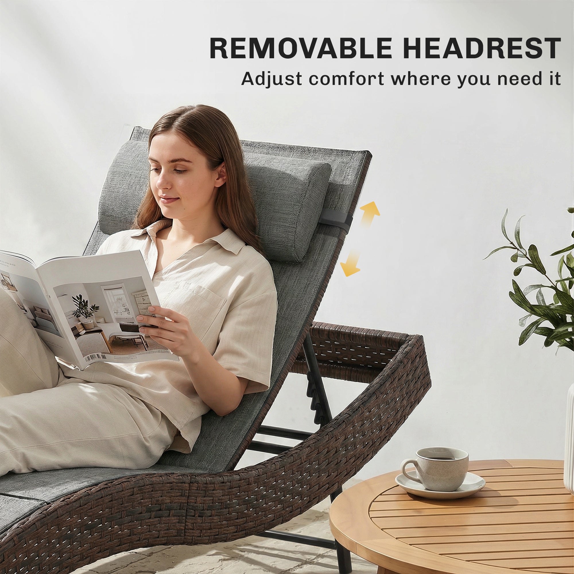 Rattan Sun Lounger, Garden Recliner with 5 Position Adjustable Back, S Shaped Texteline Seat, Headrest, Brown