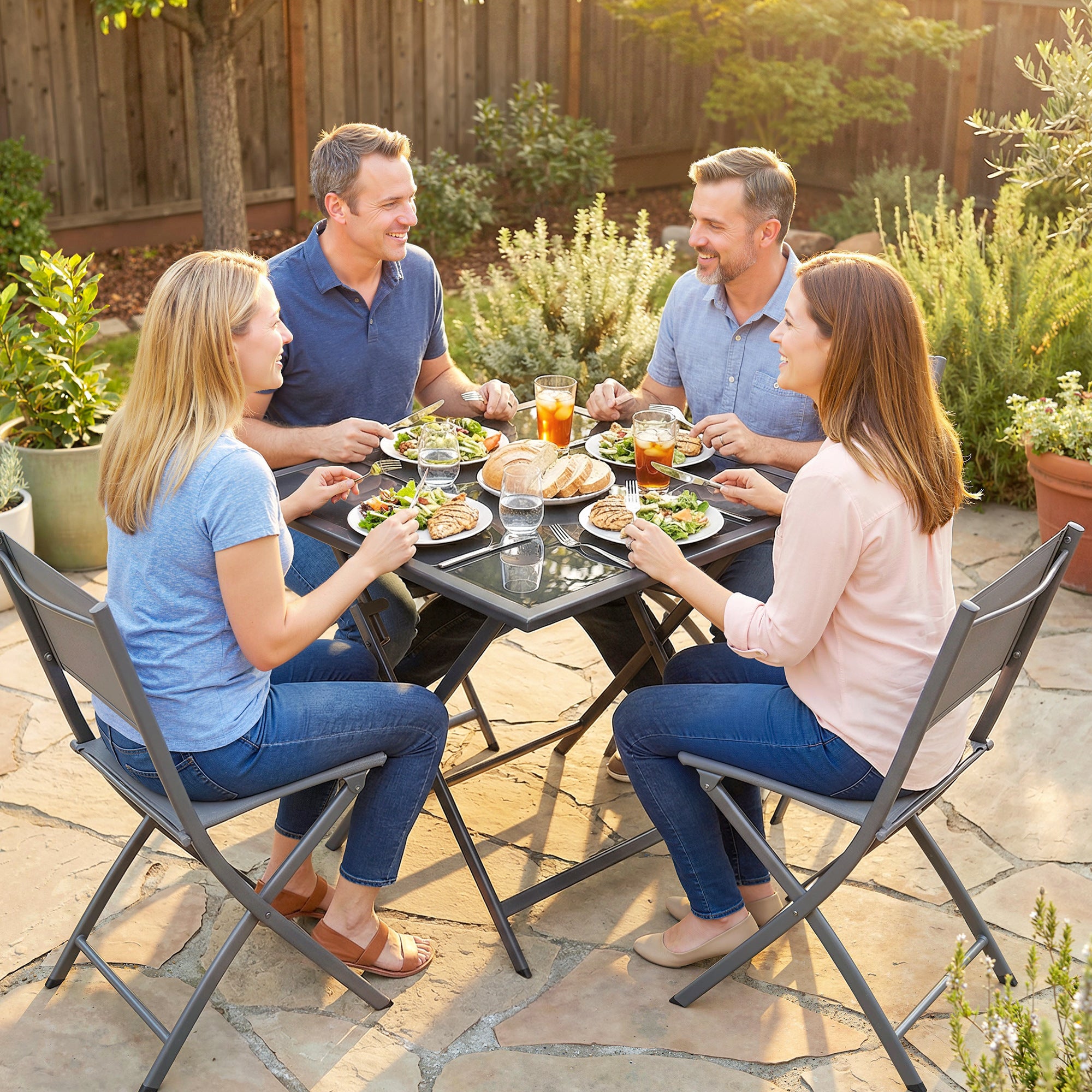 Folding Outdoor Dining Table, Square Garden Table Tempered Glass Top with Parasol Hole Garden Patio, 70 x 70 x 70 cm