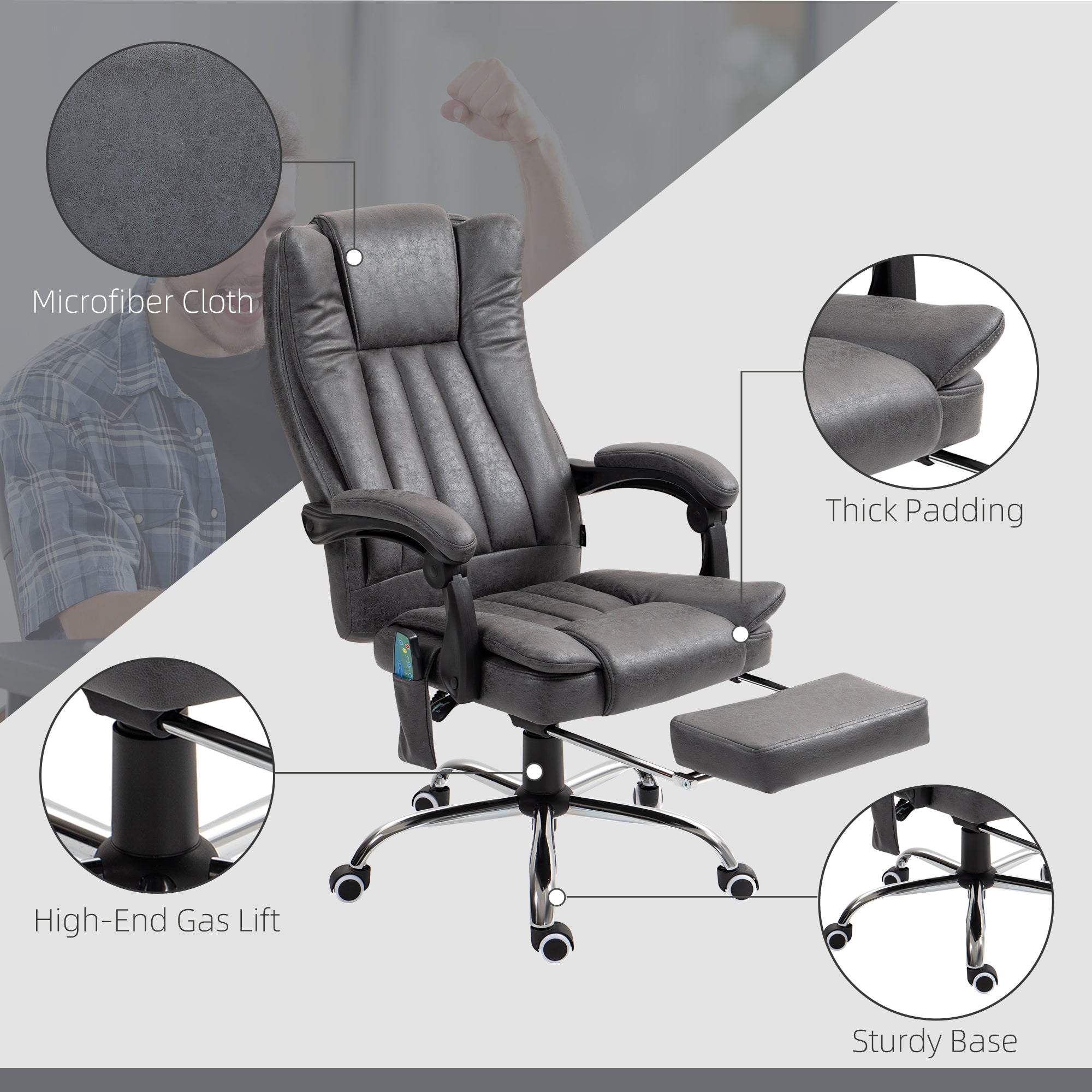 Six-Point Massage Chair, with Heat and Footrest - Dark Grey