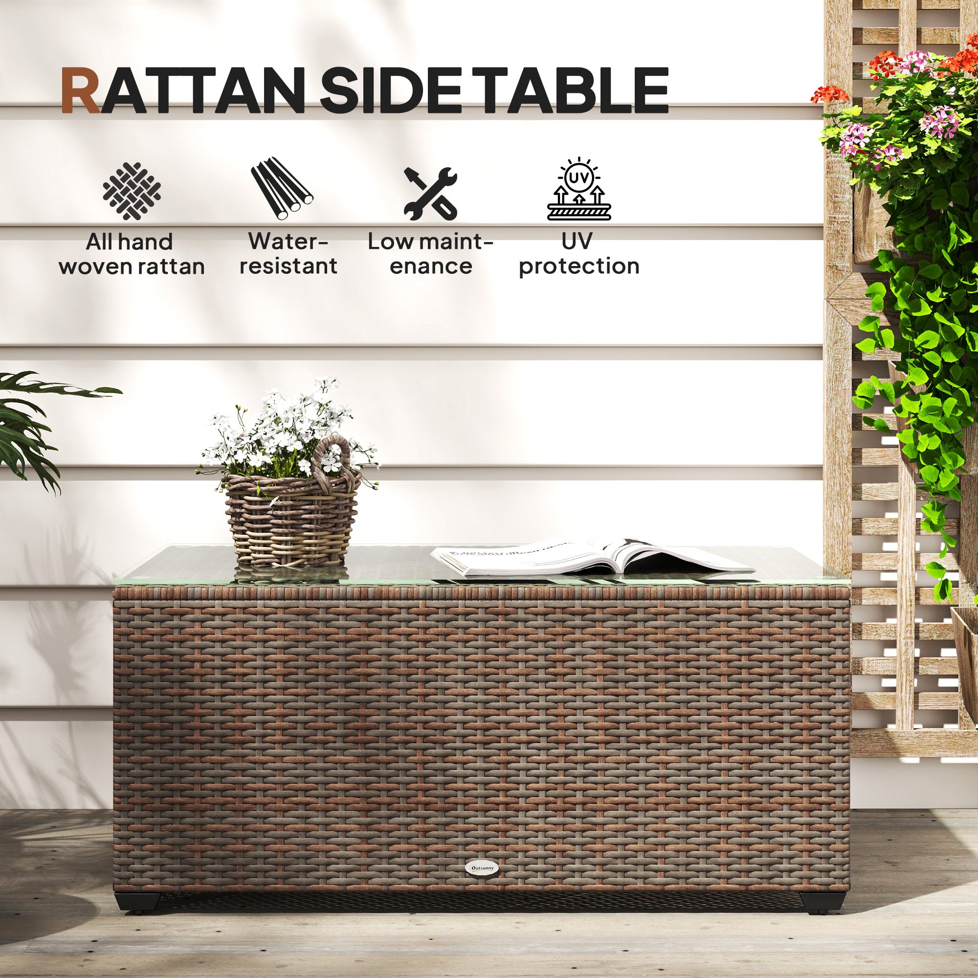90 x 50cm Glass Top Rattan Side Table with Tempered Glass Brown