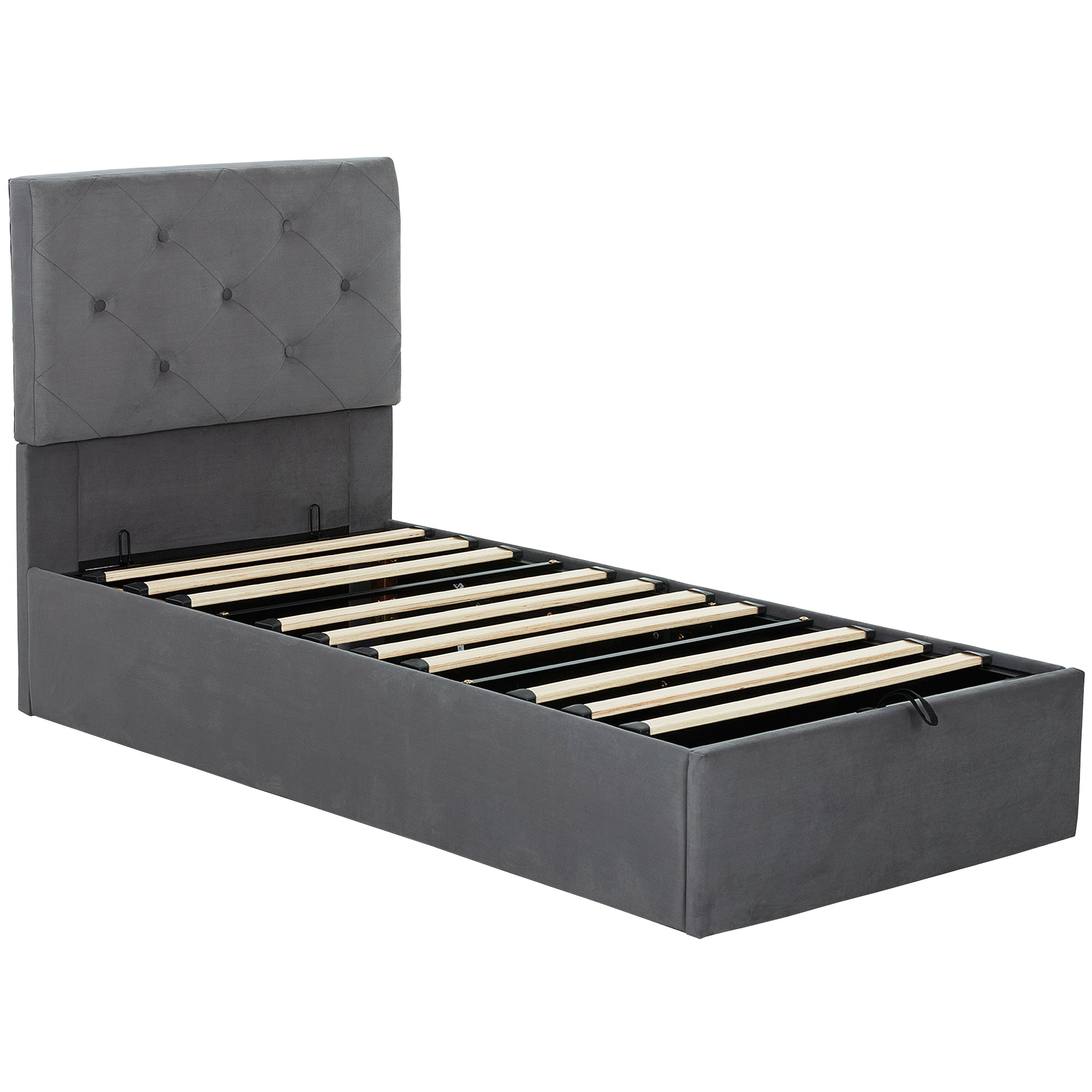 Single Bed Frame Gas End Lift Under Bed Storage Upholstered Platform Bed Tufted Headboard for 90 x 190 cm Mattress
