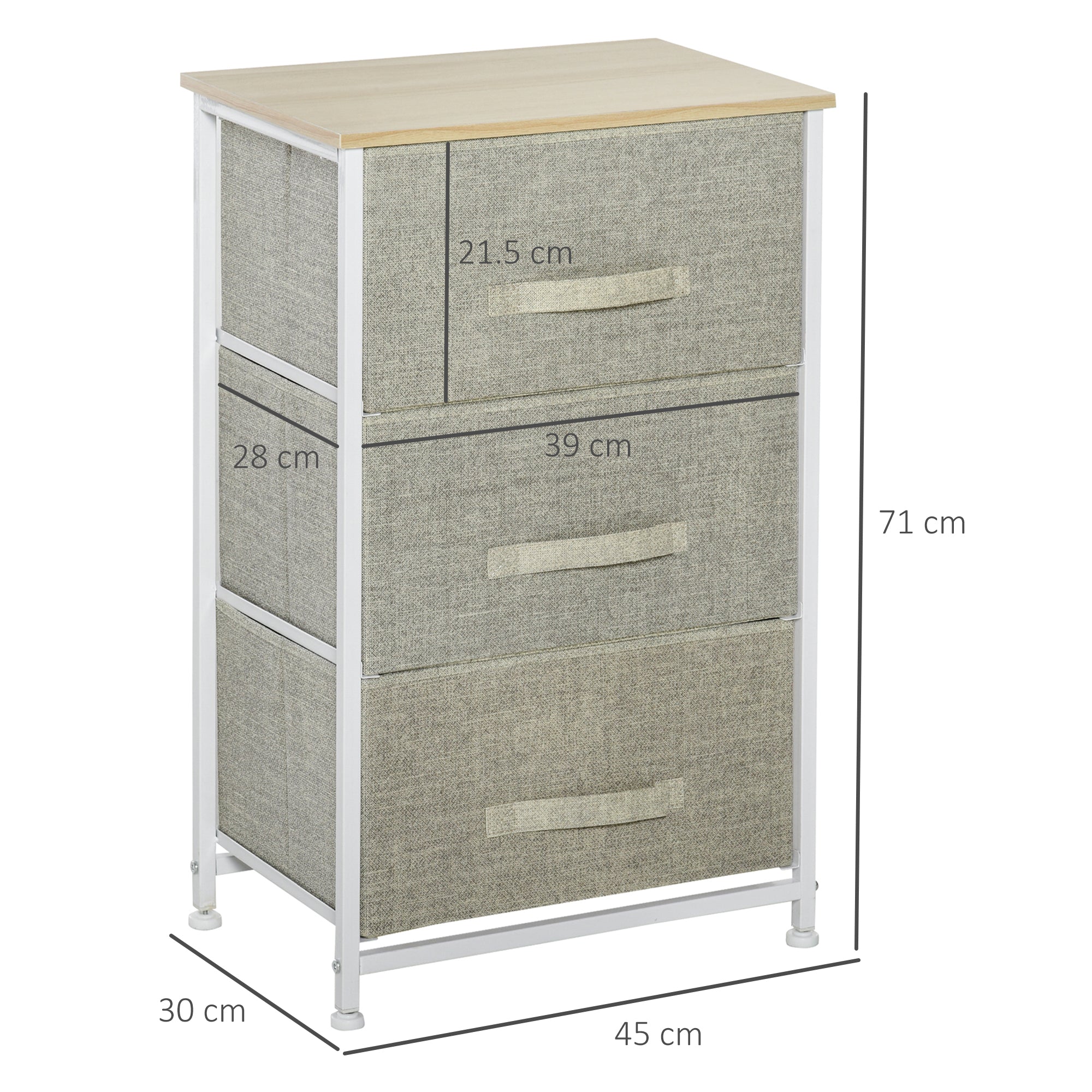 Vertical 3-Tier Linen Drawer Cabinet Organizer Storage Dresser Tower with Metal Frame Adjustable Feet for Living Room, Bathroom, Kitchen, White, Oak and Light Grey