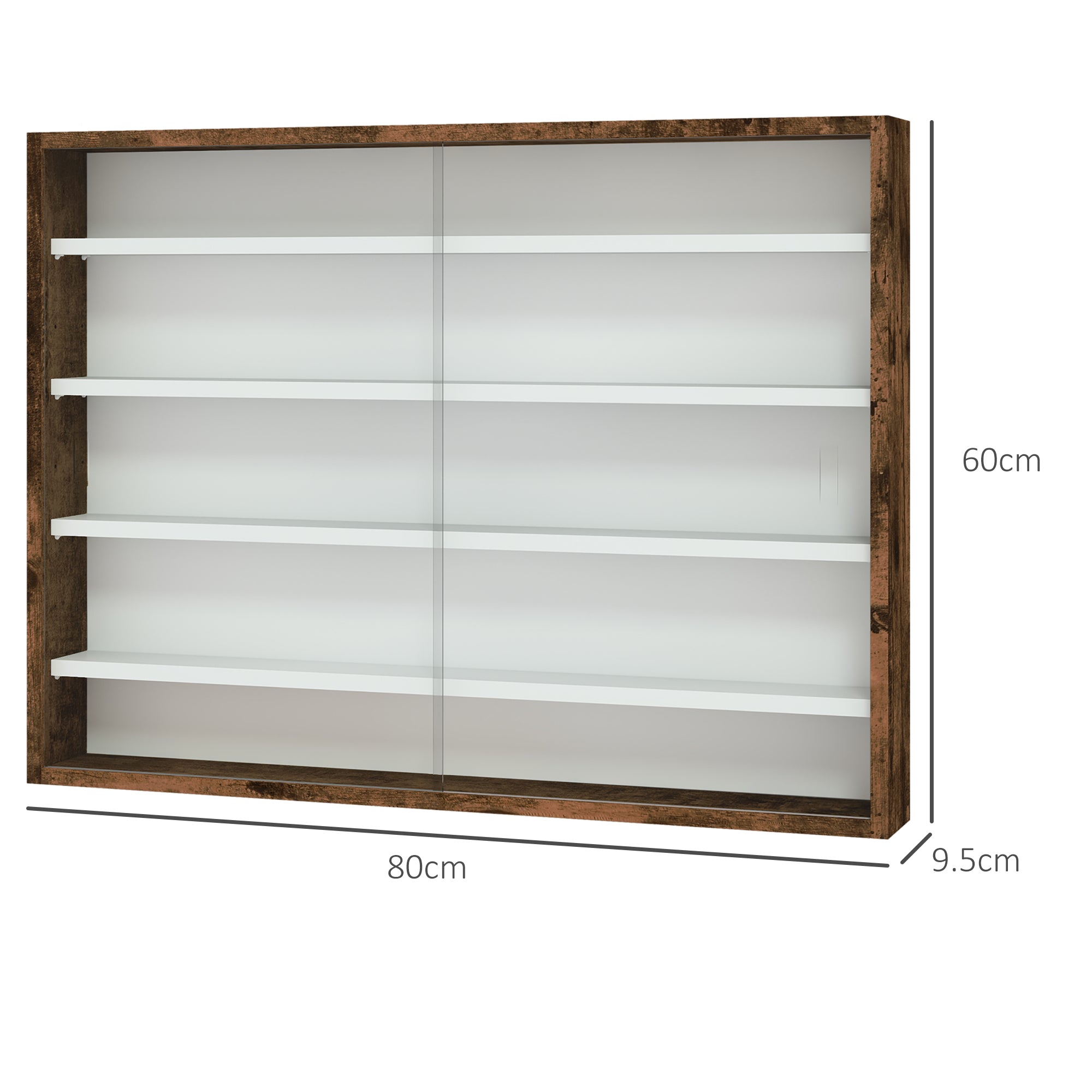 5-Tier Wall Display Shelf Cabinet with 4 Adjustable Shelves and Glass Doors 60x80cm - Rustic Brown