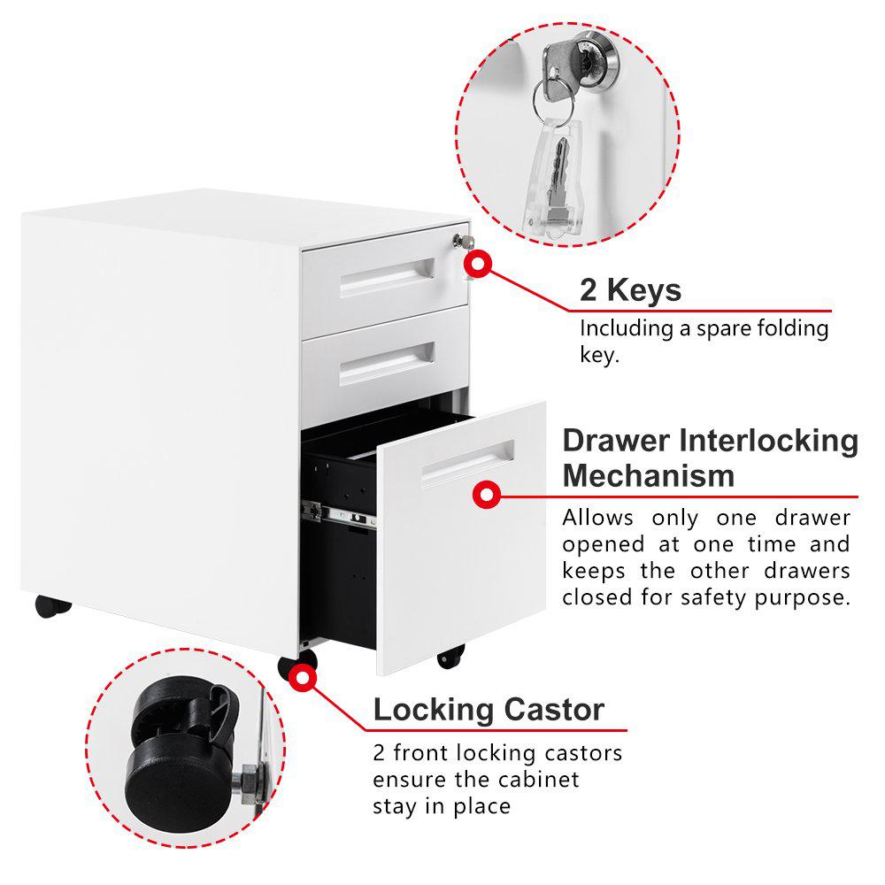 3 Drawer Mobile File Cabinet with Lockable Drawers and Casters, Steel Filing Pedestal with Enamel Finish, 41L x 52W x 60H cm, White