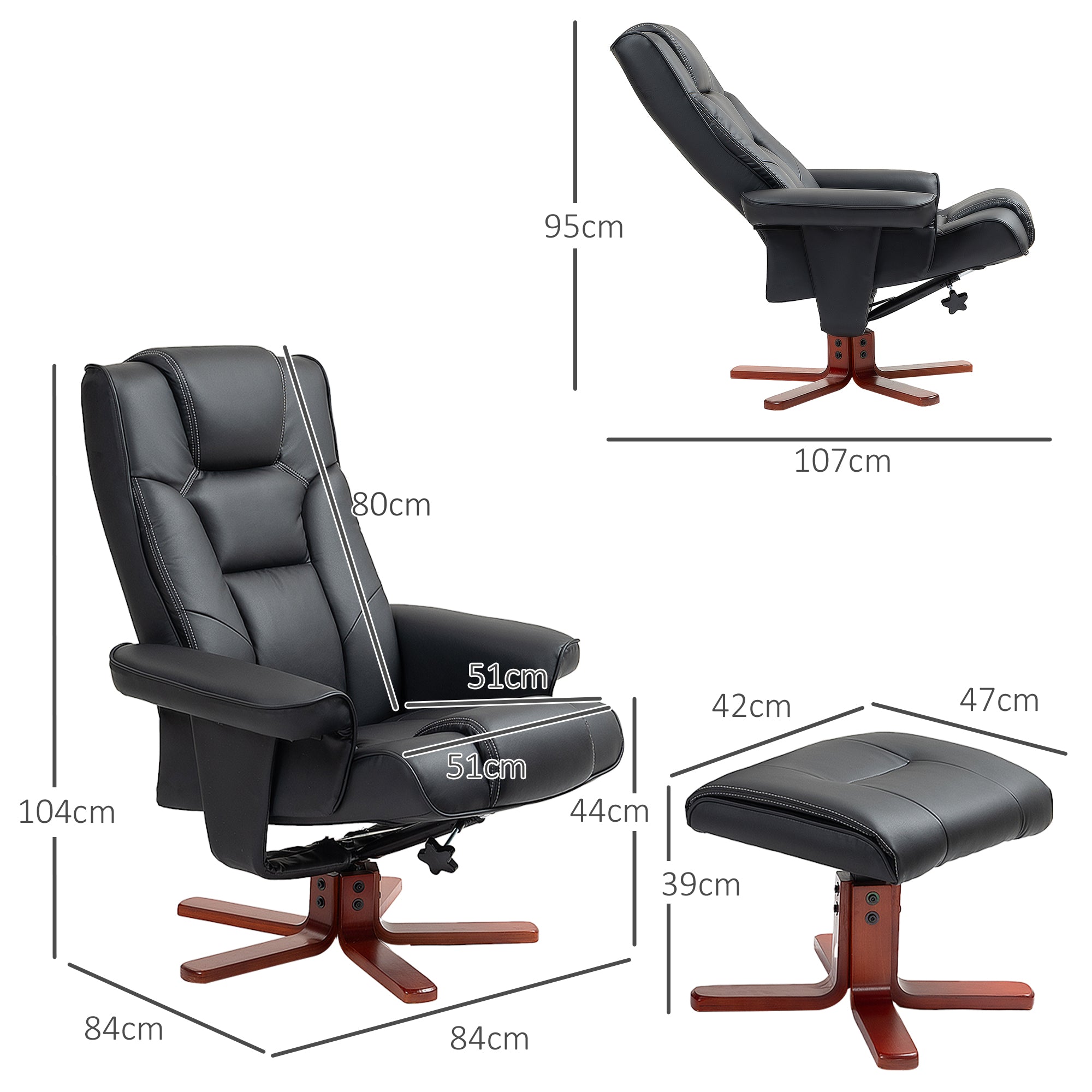 Faux Leather Manual Recliner and Footstool Set - Black