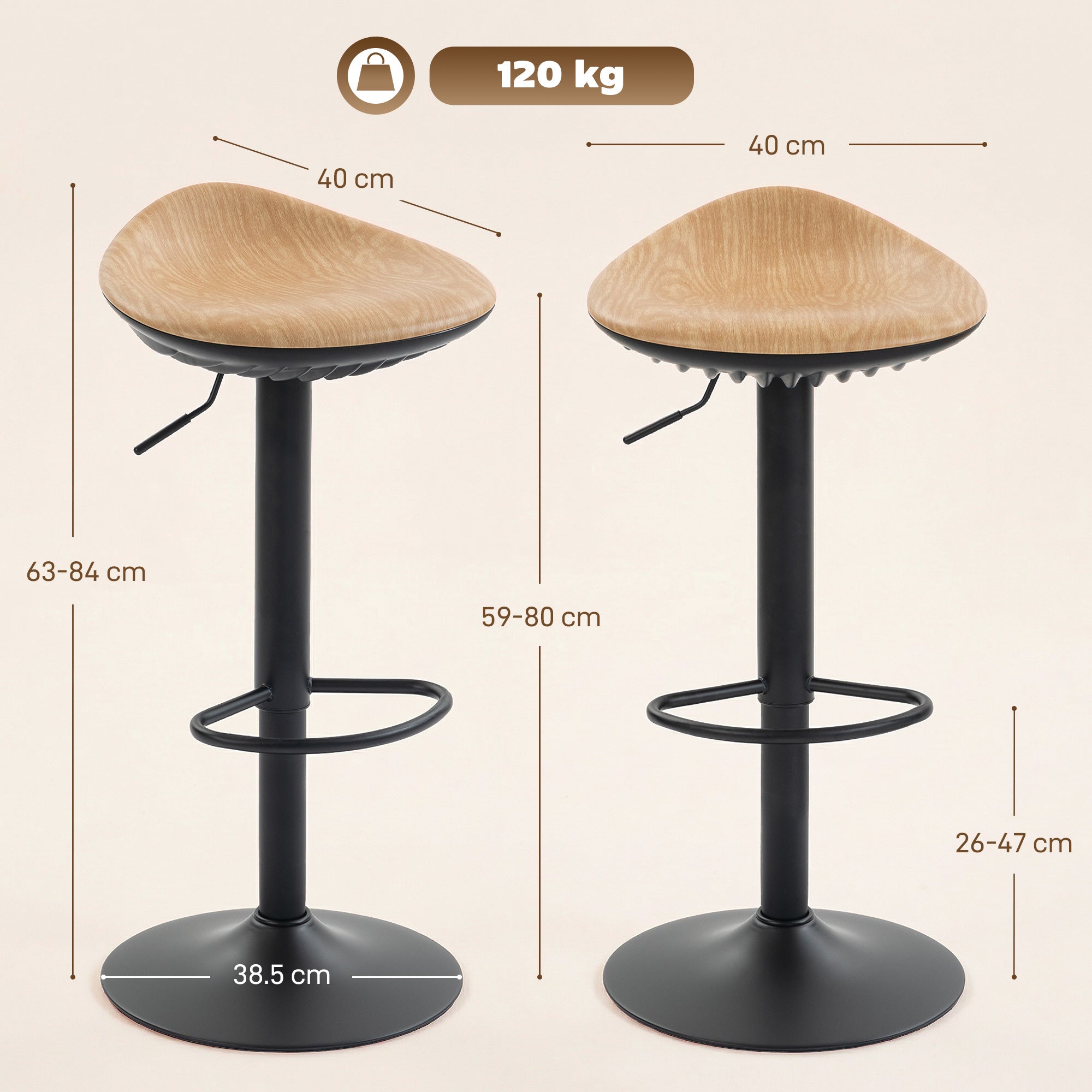 Set of 2 Barstools PU Leather Kitchen Stools with Saddle Seat Height Adjustable Swivel Kitchen Chairs with Footrest Oak