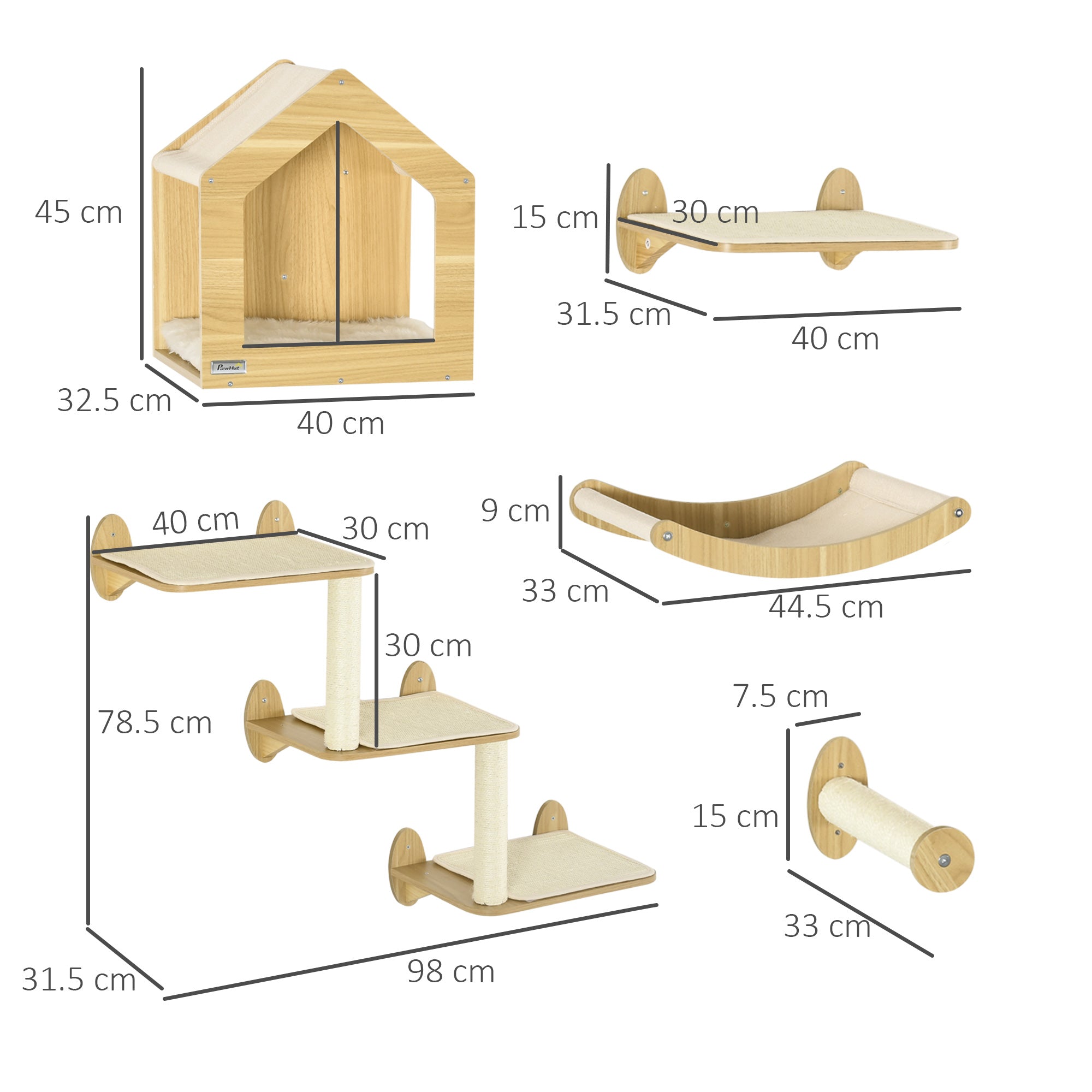8 Piece Cat Shelves Set, with Cat House, Three Perches, Three Scratching Posts