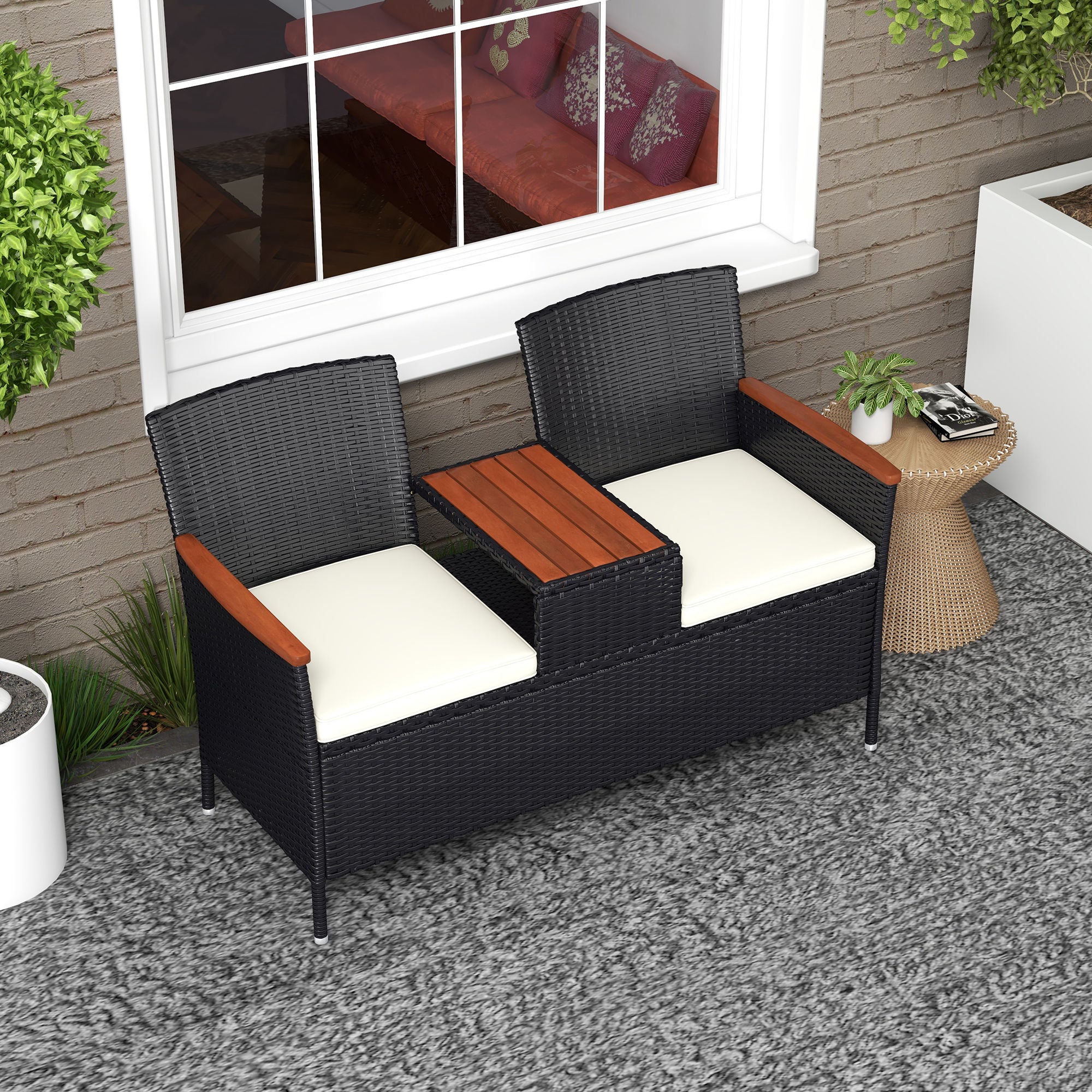 Two-Seat Rattan Loveseat, with Wood-Top Middle Table - Black