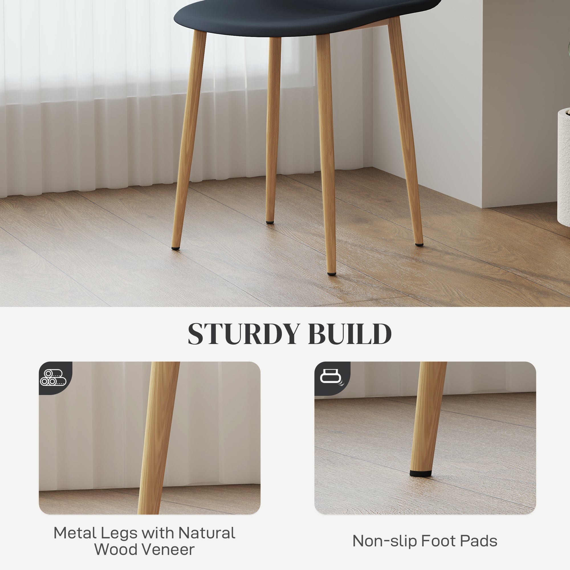 Modern Dining Chairs Set of 4, Kitchen Chairs with Backrest and Steel Legs for Dining Room, Living Room, Black