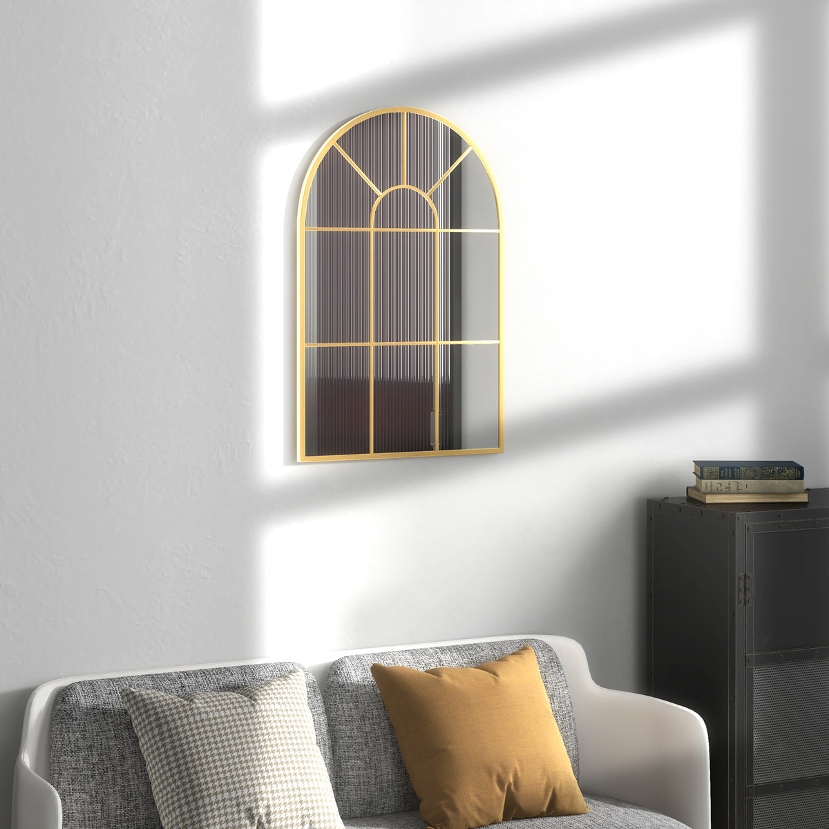 Modern Arched Wall Mirror 91 x 60 cm with Grid Frame - Gold Tone