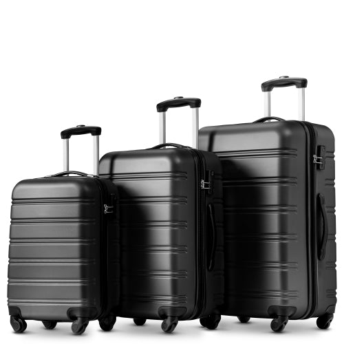 20/24/28 Inch Set of 3 ABS Hard Shell 4-Wheel Travel Luggage with Silent Wheels, Secure Combination Lock, Trolley Suitcase Set, Black
