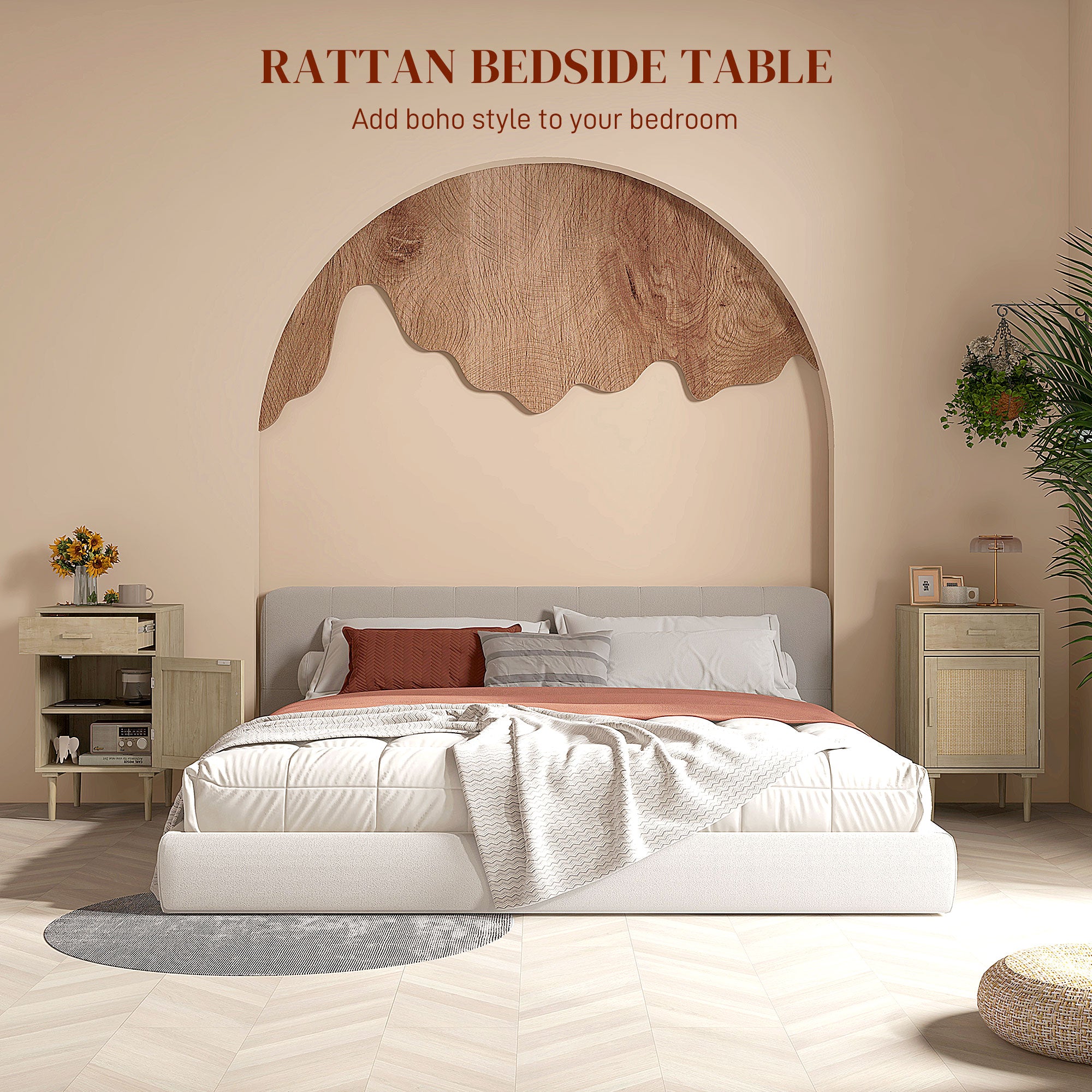 Bedside Tables Set of 2, Rattan Side Tables with Drawer, Cabinet and Adjustable Shelf, Boho Bedside Cabinets with Storage for Bedroom, Living Room, Natural Wood Finish