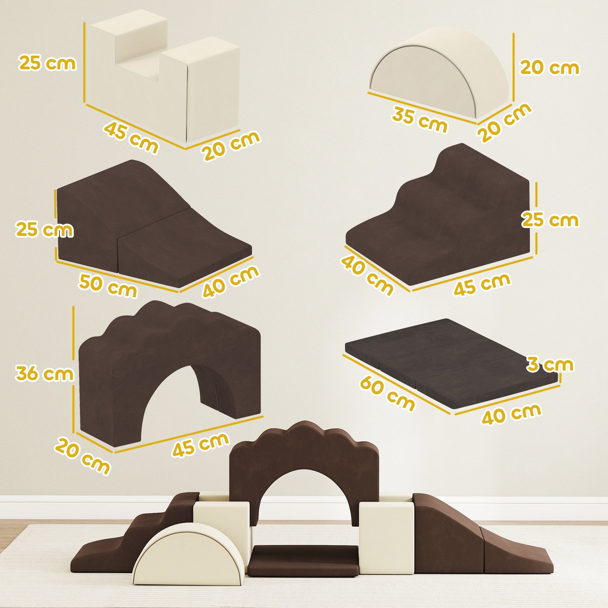 7 Piece Kids Soft Play Set with Detachable Cover, Baby Indoor Climb and Crawl Foam Toy for Toddlers, Preschoolers, Brown