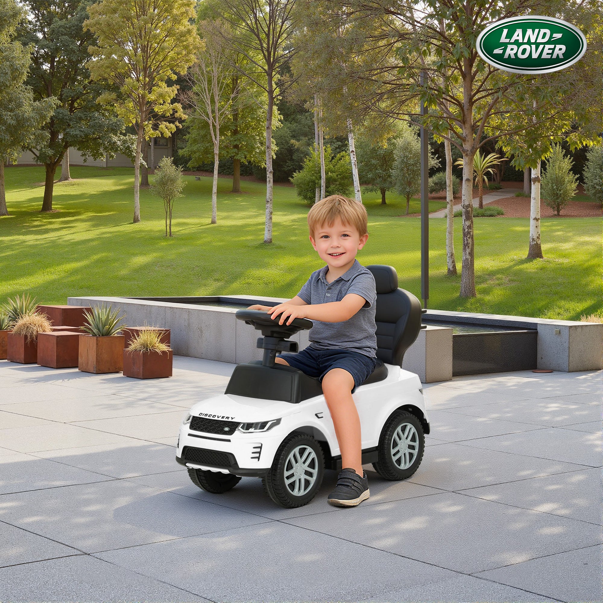 Land Rover Discovery Licensed Baby Push Car, 2-in-1 Ride on Car with Push Handle and Safety Guardrail, White