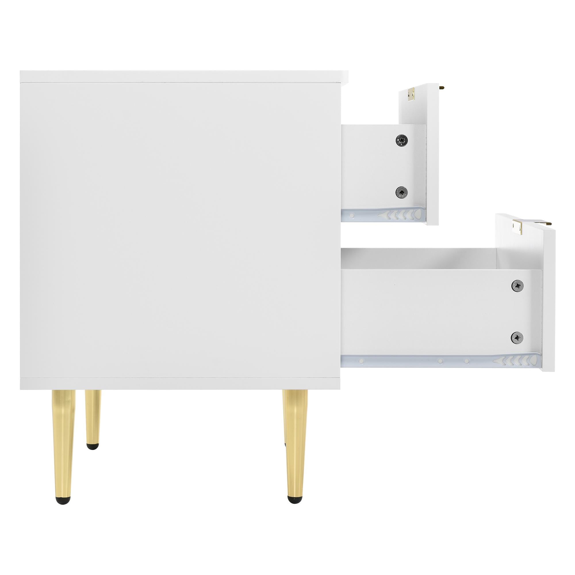 Set of 2 Modern Bedside Tables with 2 Drawers, Floral Pattern and Gold-Plated Accents, Anti-Bump Design, 50L x 40W x 54H cm, White